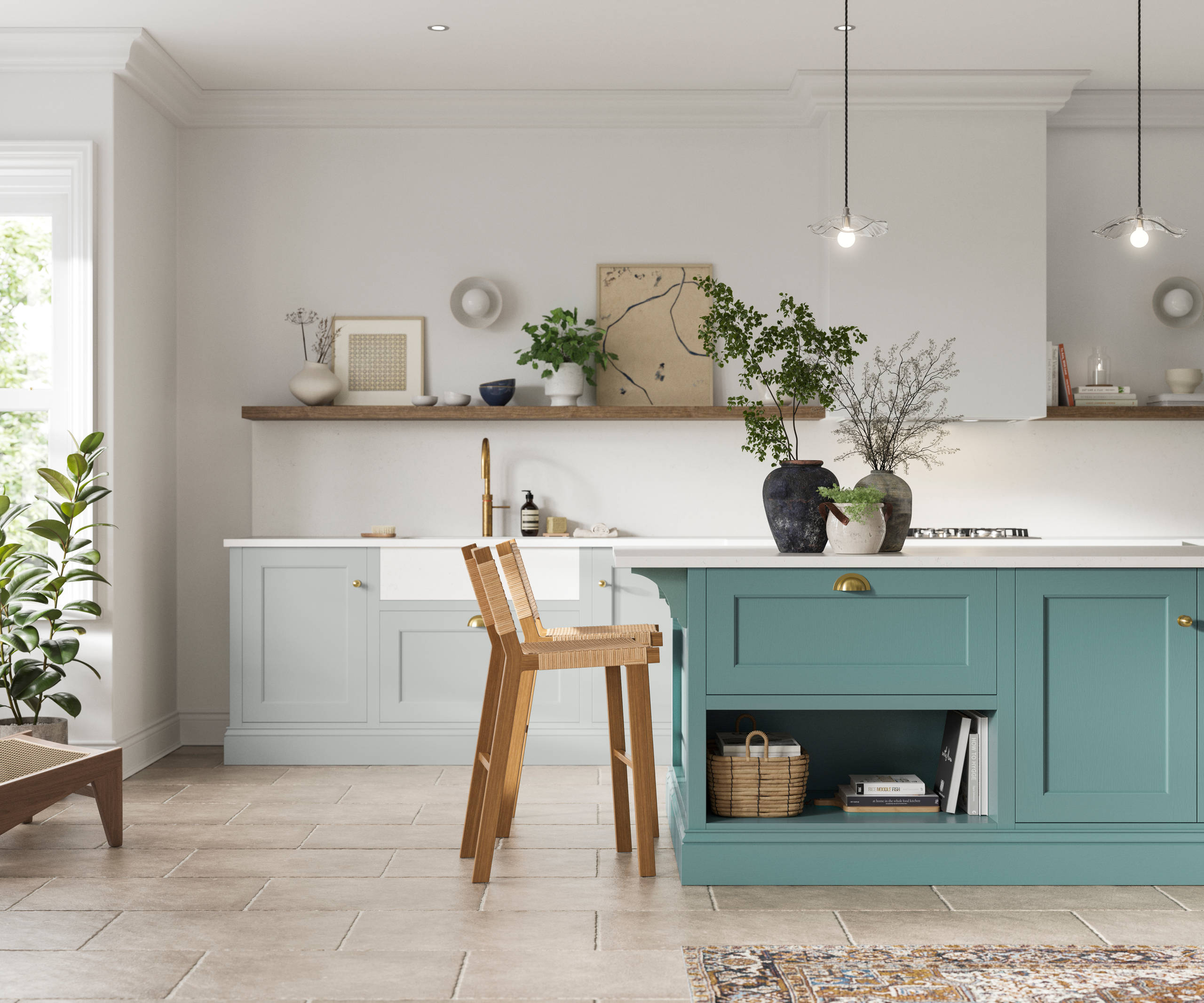 A stylish blue kitchen with contemporary Shaker panelling.
