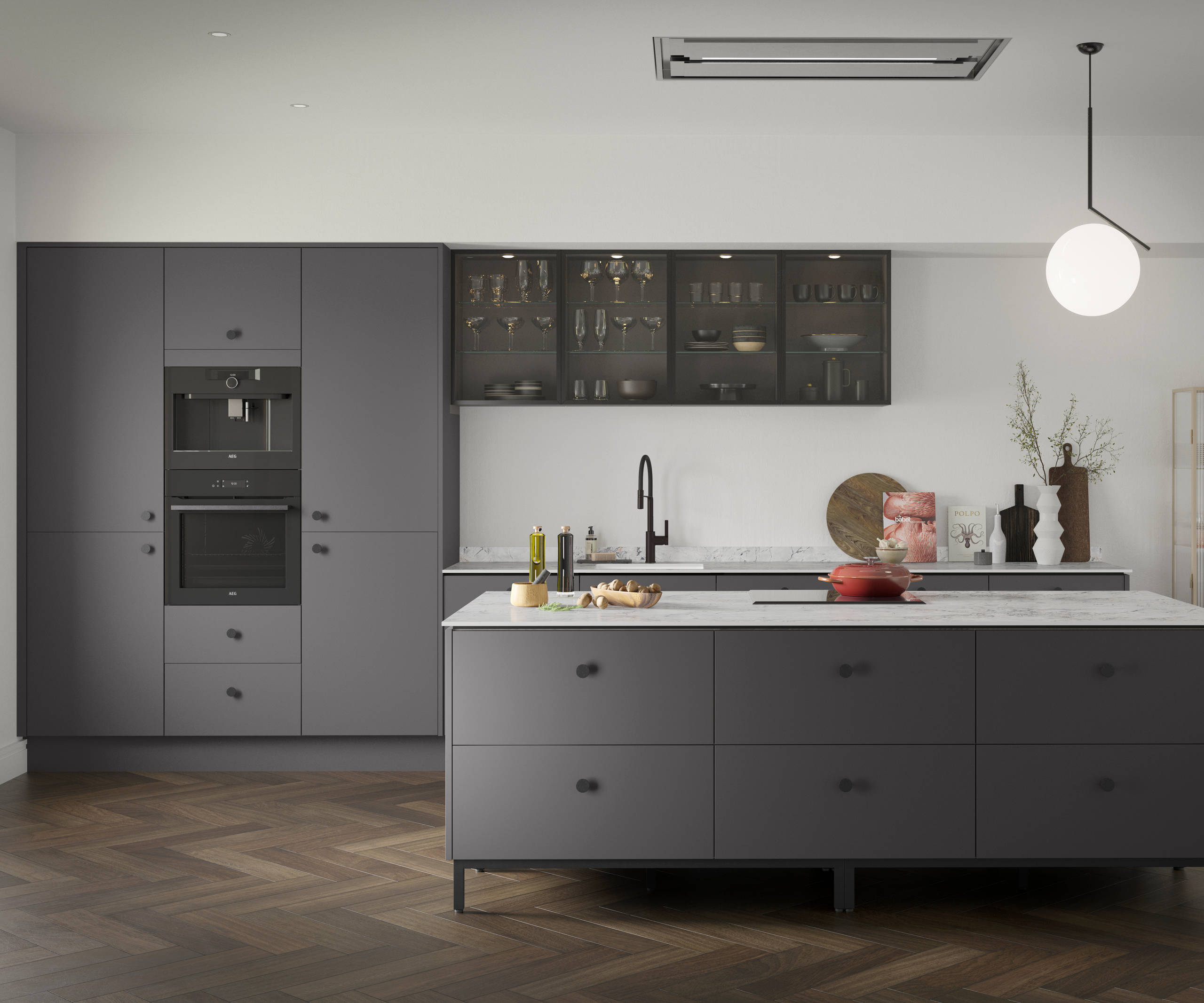 Soho Charcoals kitchen, a premium painted slab door from Magnet, with fluted glass Nordic Nature wall cabinets.