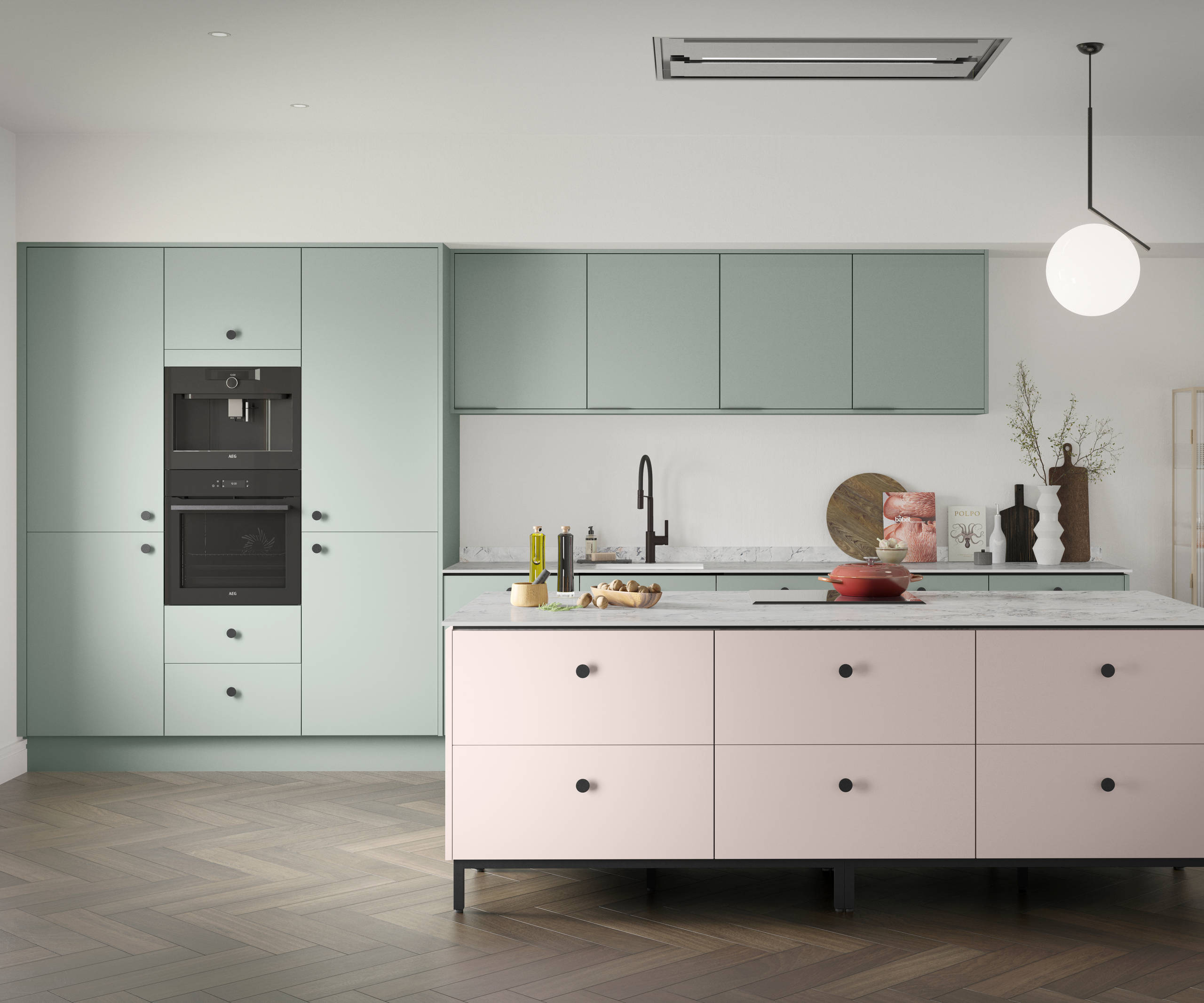 Soho Seagrass kitchen with Rose bowl kitchen island, a premium painted slab door from Magnet.