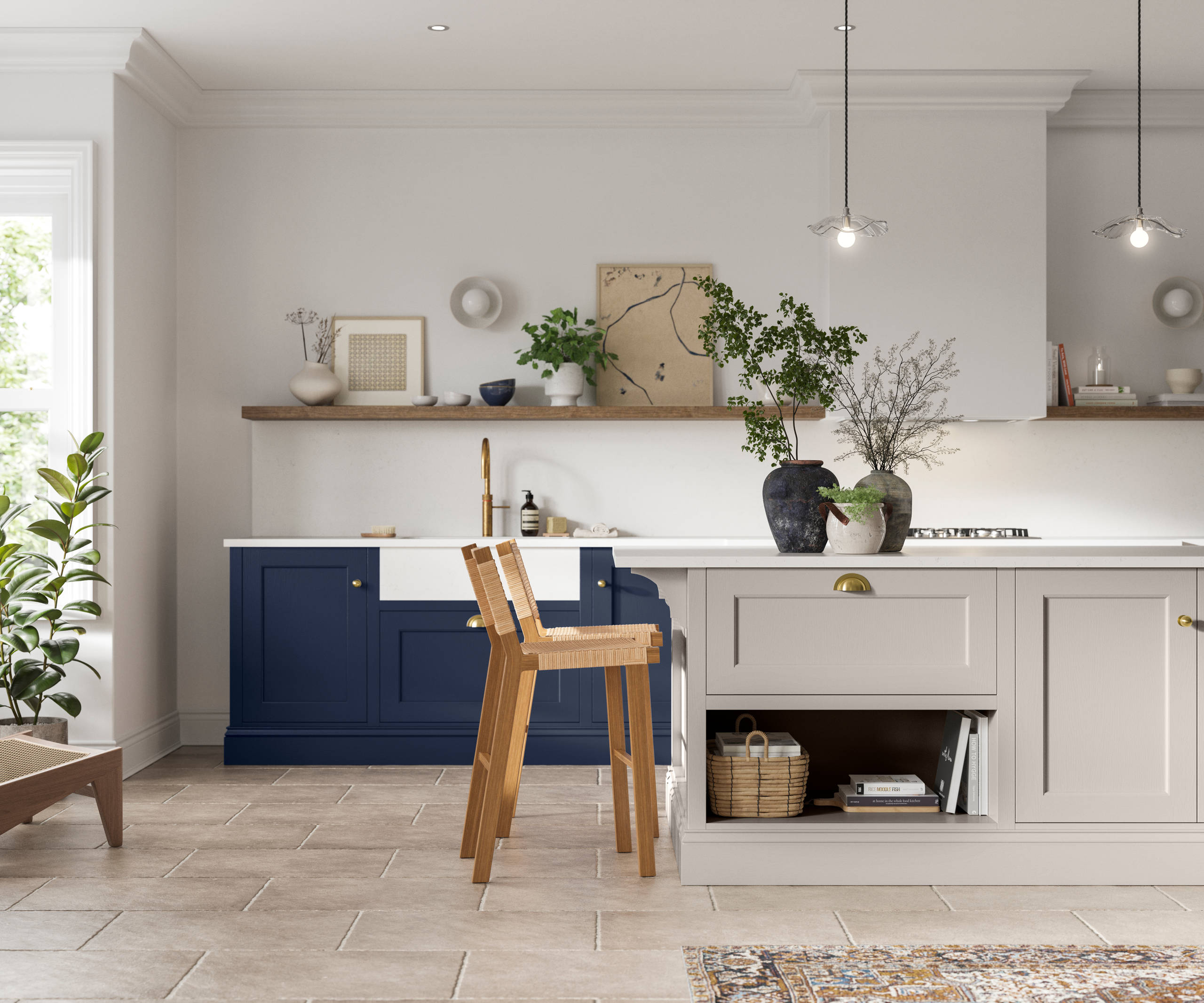 Traditional Shaker-style kitchen range in dark shade Midnight blue with a lighter Dove grey shade kitchen island.