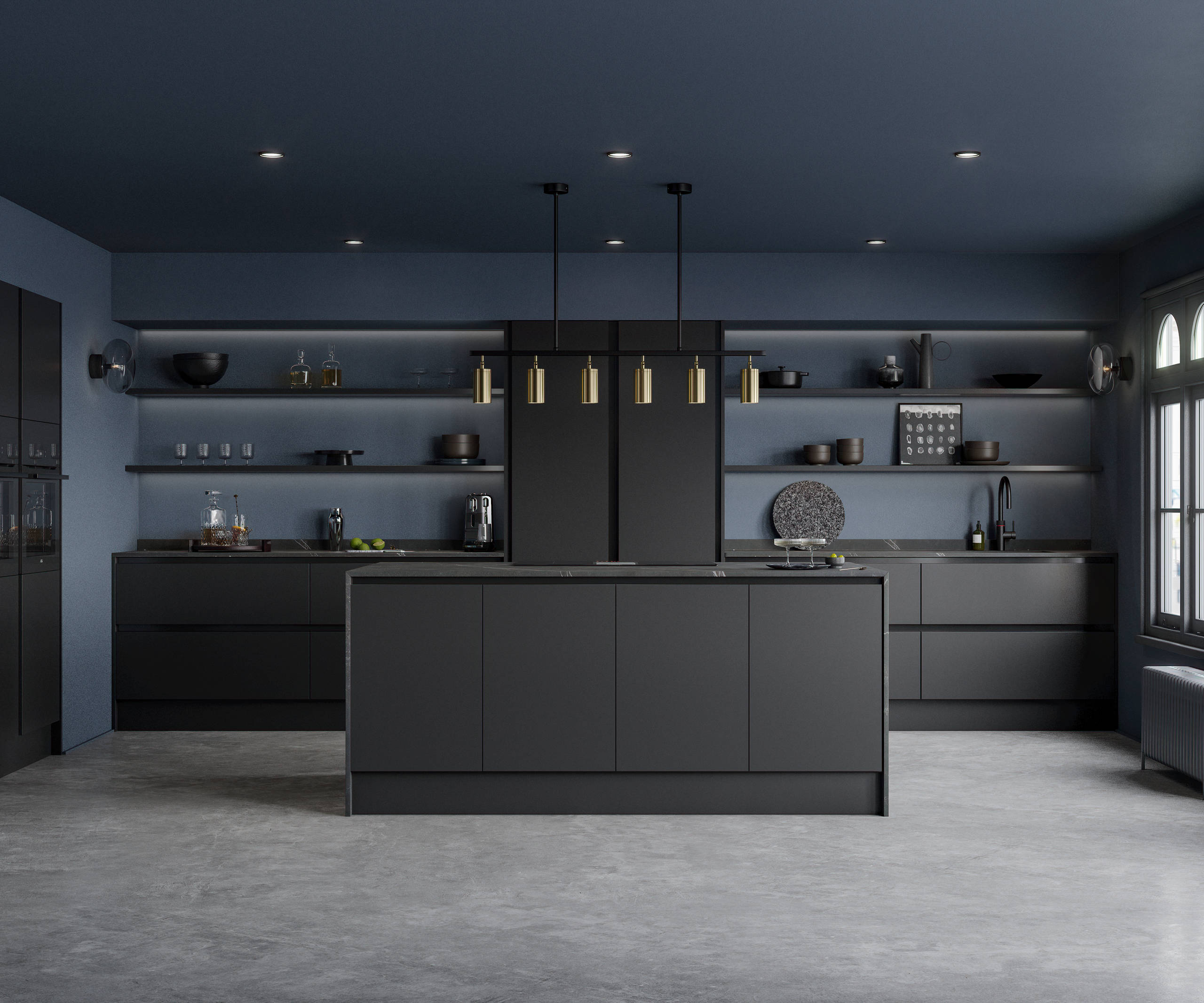 Open plan Integra Hoxton Sumi Black kitchen with kitchen island, with black accent details and black worktop, tap and whitegoods.