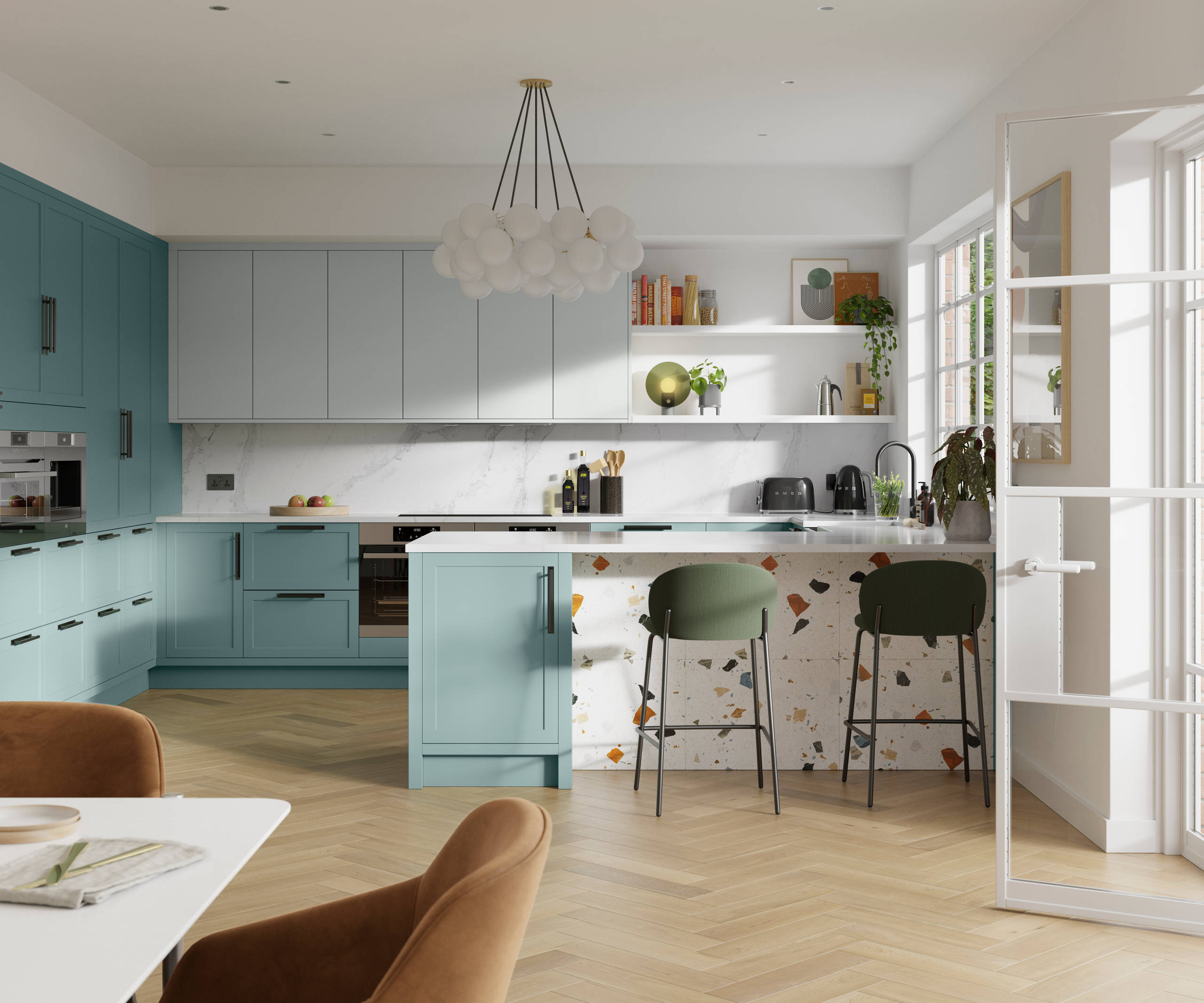 Dunham in Morris Blue and Washed Cotton with its thin frame and smooth painted finish with no visible woodgrain, provide a contemporary feel to a traditional look.