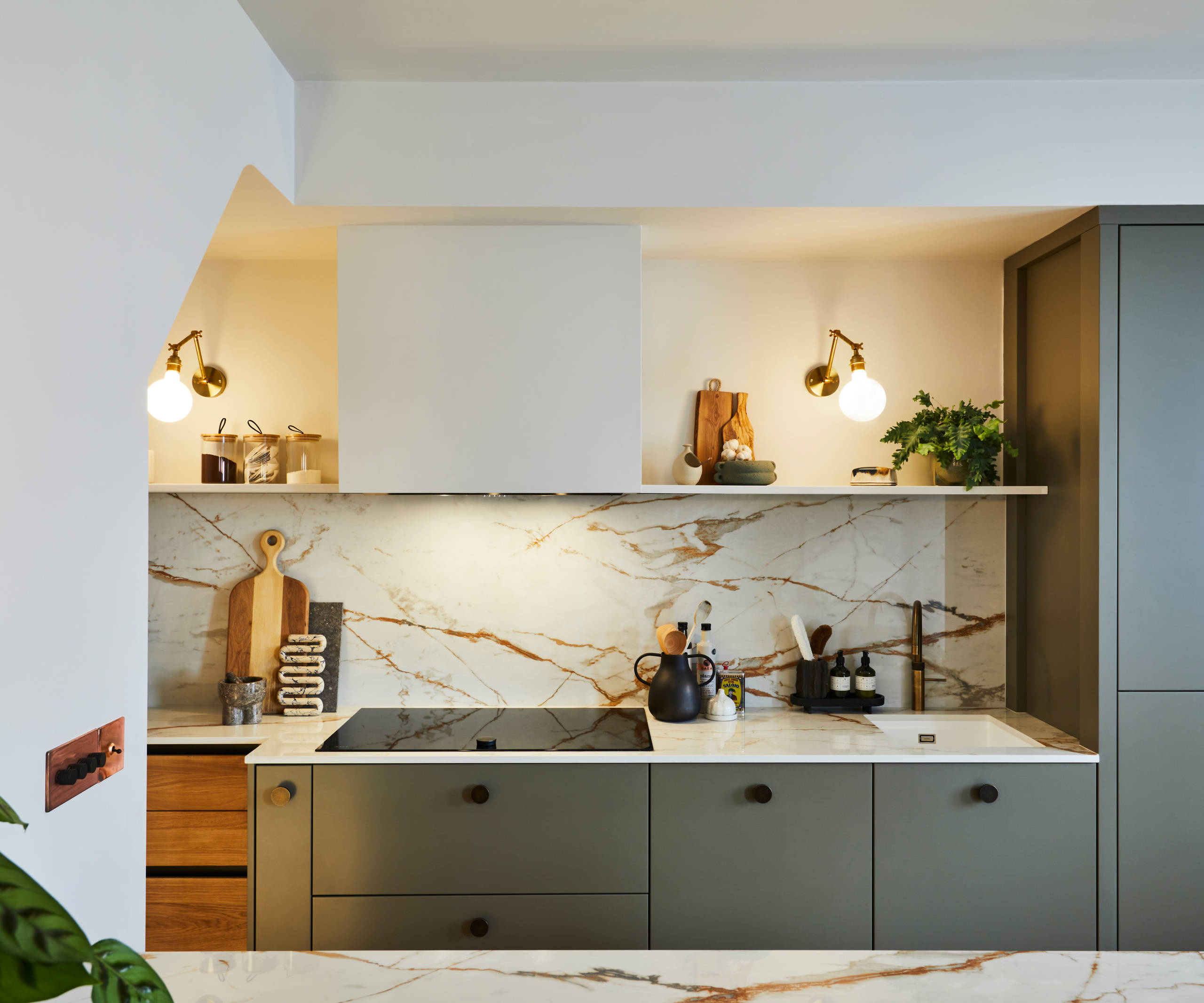 Modern slab Soho cabinets in the Balmoral colour, a soft beige green tone