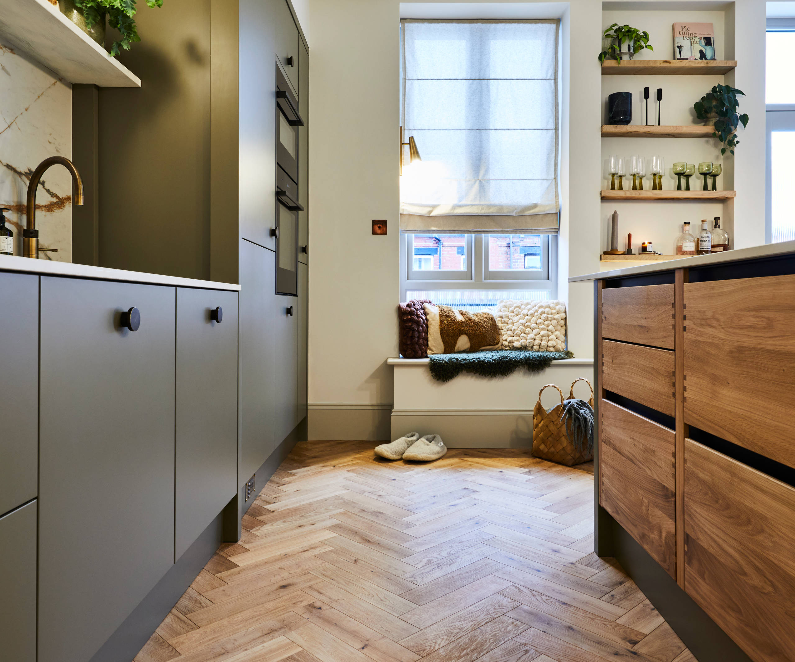 Modern slab Soho cabinets in the Balmoral colour, a soft beige green tone