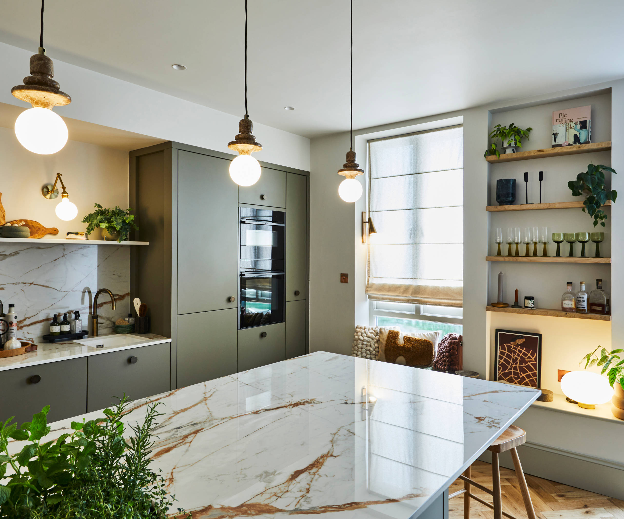 Modern slab Soho cabinets in the Balmoral colour, a soft beige green tone