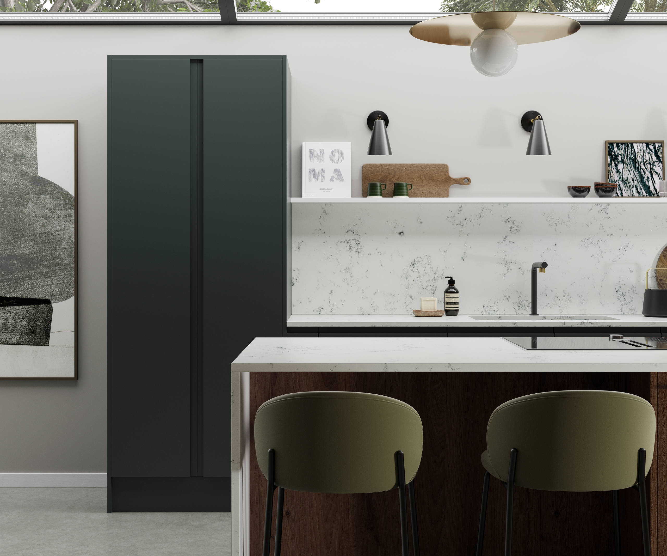 Full-height Duxbury doors in Arboretum feature as part of a modern open plan kitchen.