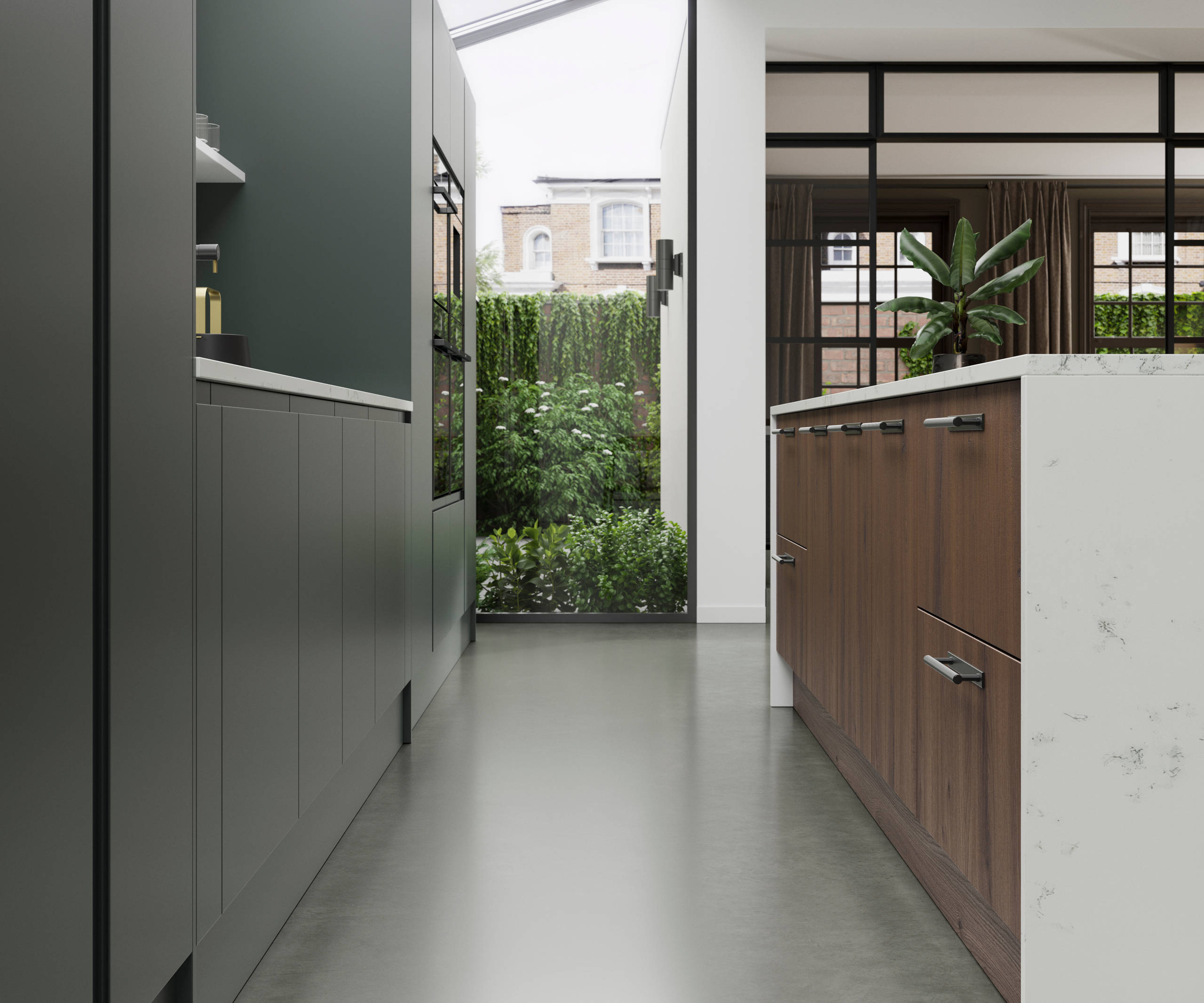 Magnet's Duxbury kitchen range in dark green, seen with the modern Portobello range in Umbra.
