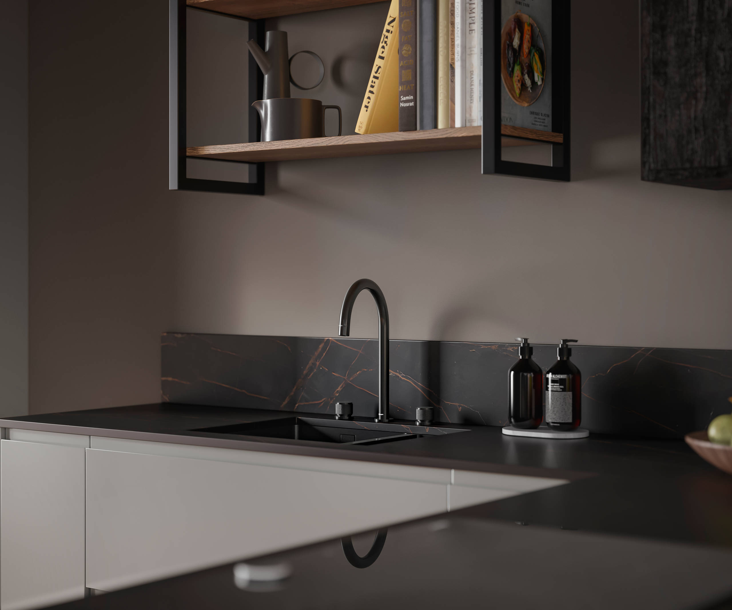 J-pull Duxbury kitchen cabinets in an elegant Fawn colour are matched with contemporary dark worktops and a black sink and tap.