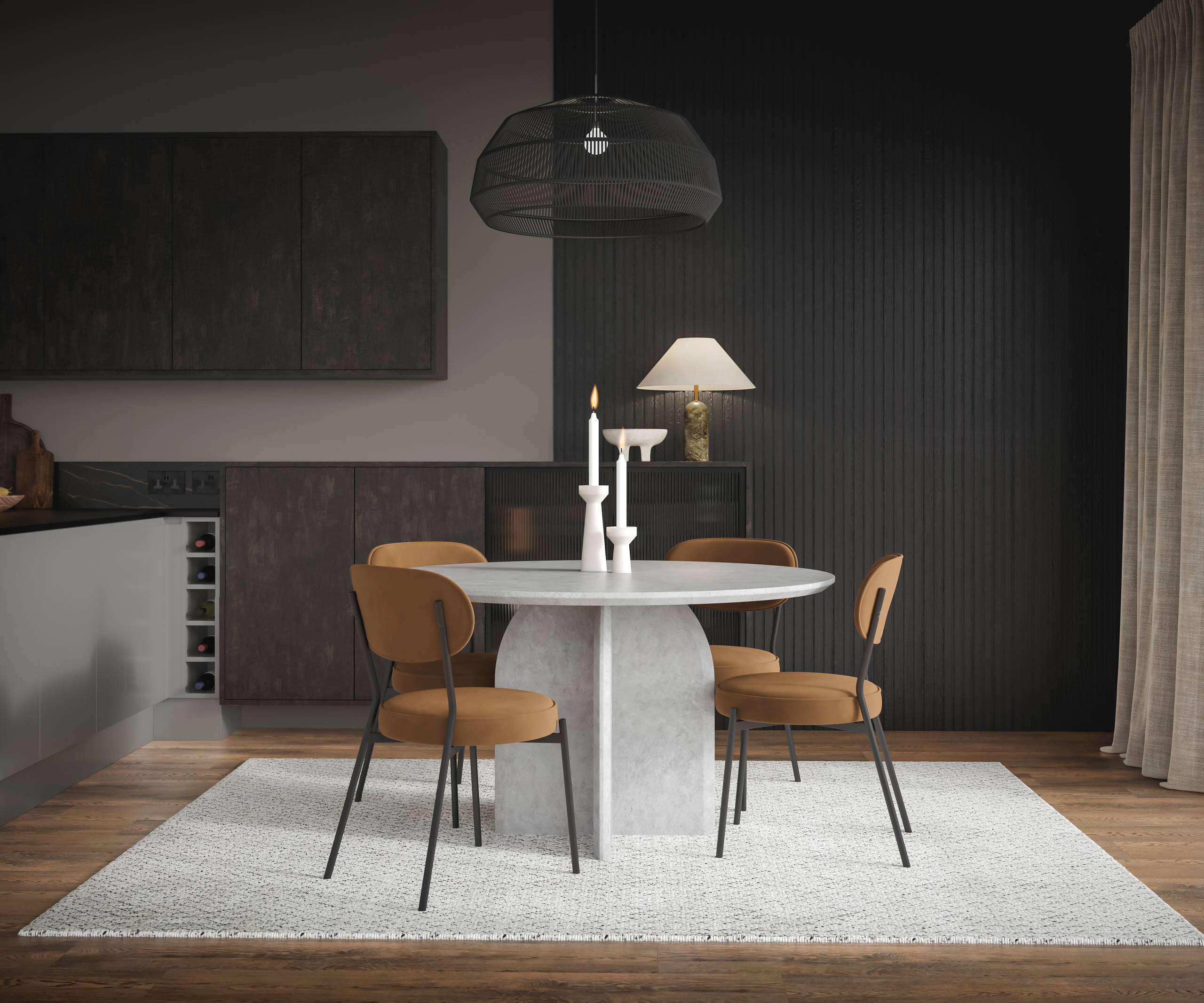 Modern Duxbury kitchen cabinets in Fawn are incorporated into a dining room set up, with functional wine rack integration, dark worktops and wooden accents.