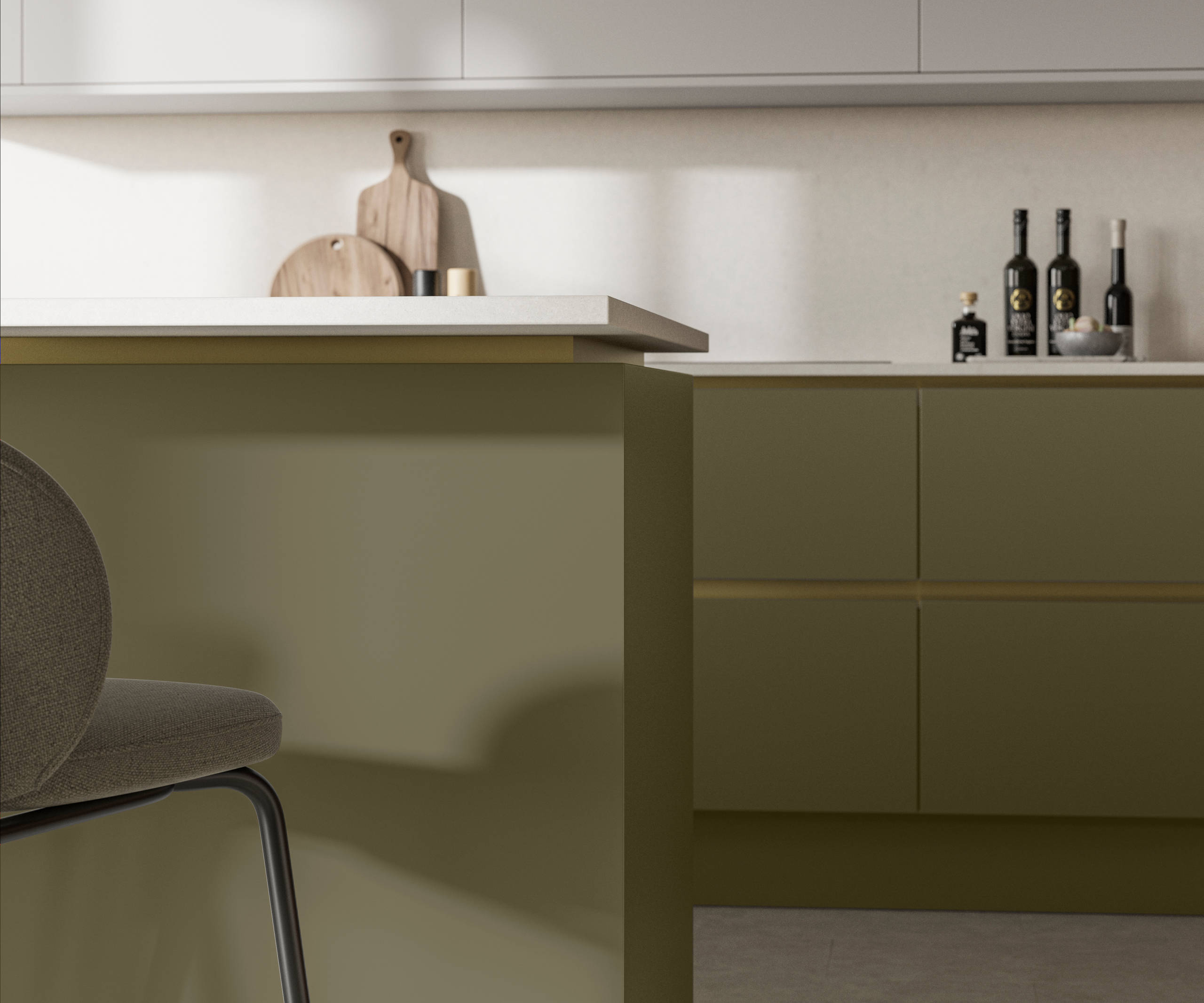 Modern and minimalist Integra Soho Balmoral kitchen, a frameless slab door with integrated handles in a smooth paint finish.