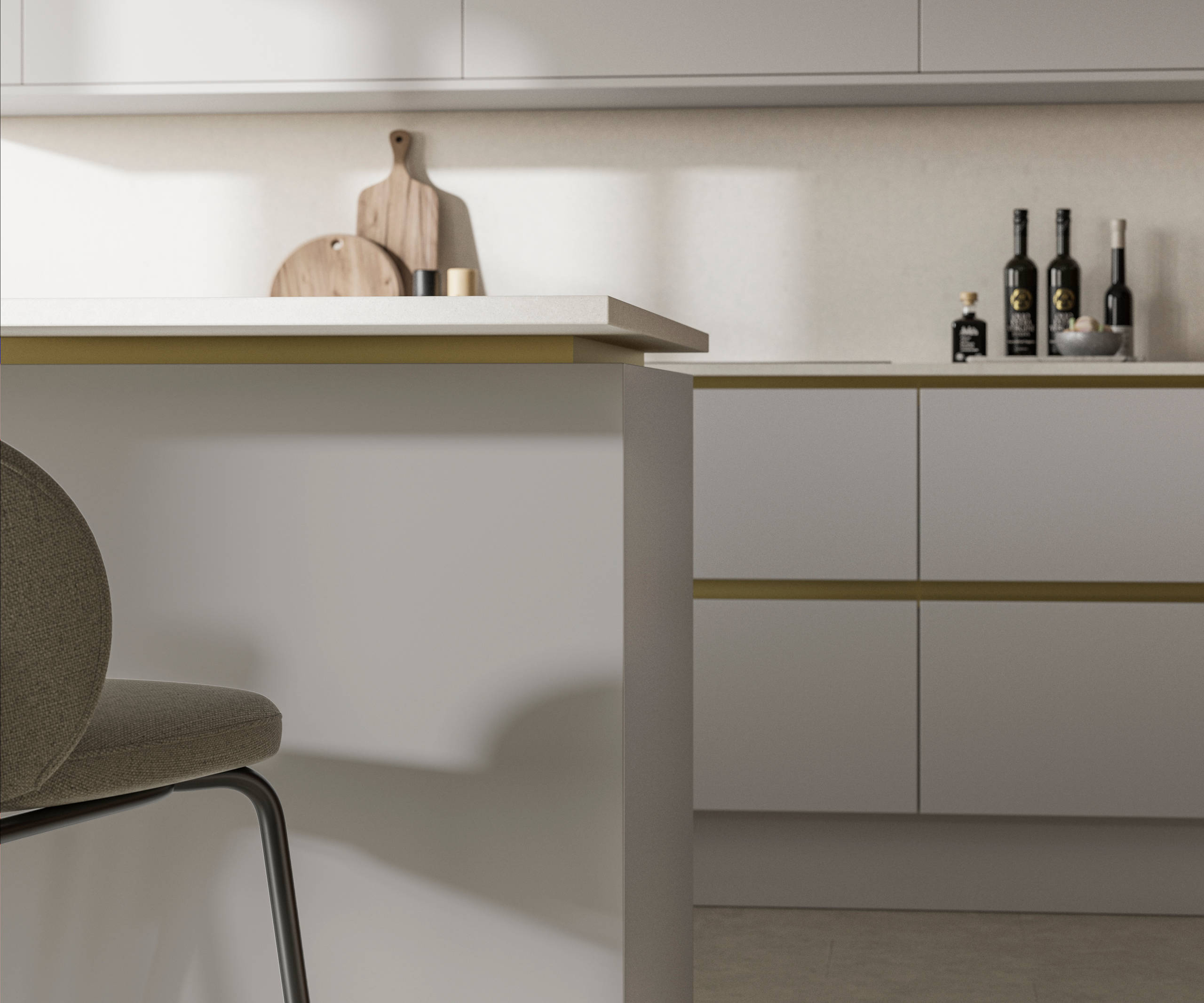 Modern and minimalist Integra Soho Dove Grey kitchen, a frameless slab door with integrated handles in a smooth paint finish.