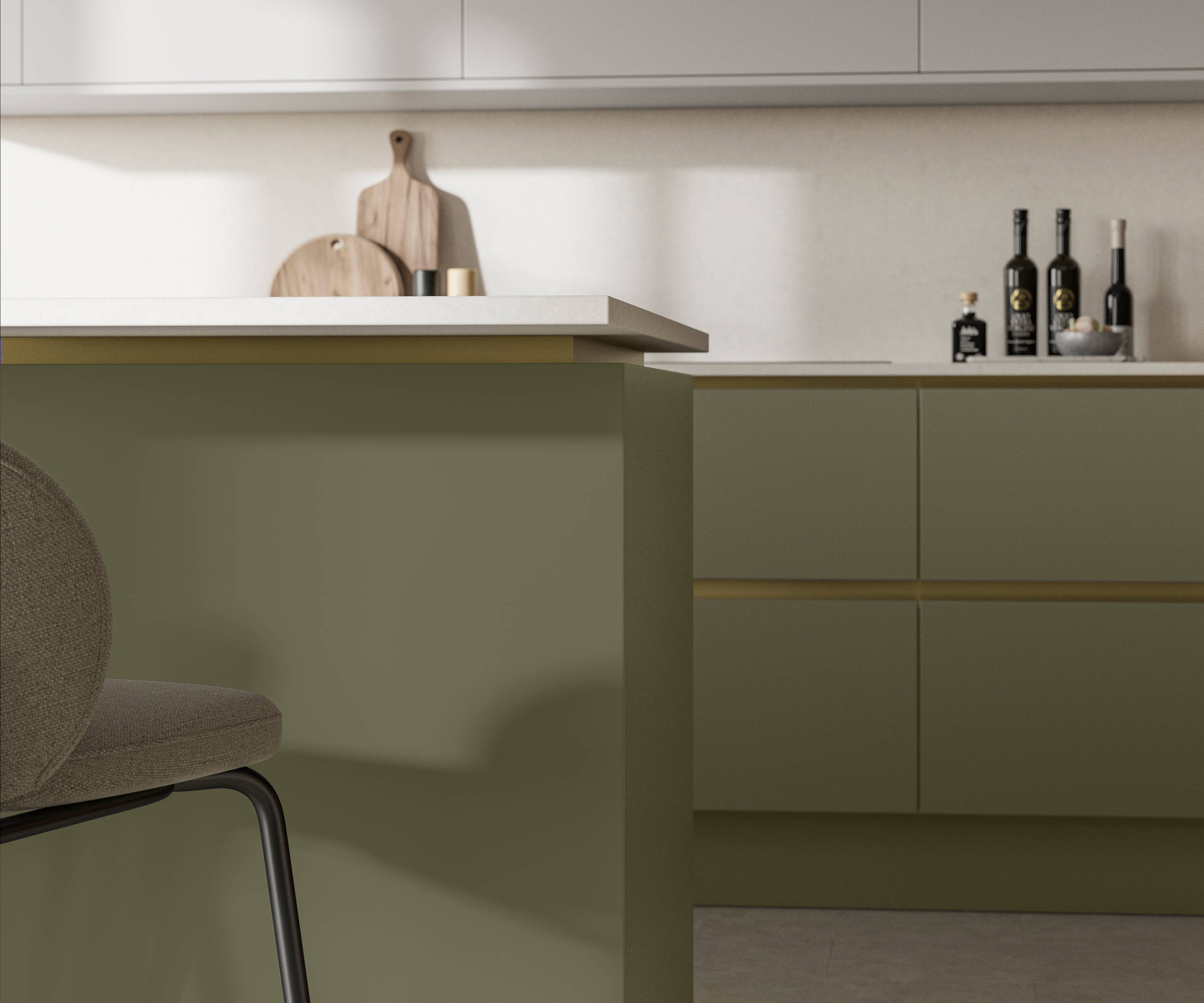 Modern and minimalist Integra Soho Misty Moors kitchen, a frameless slab door with integrated handles in a smooth paint finish.