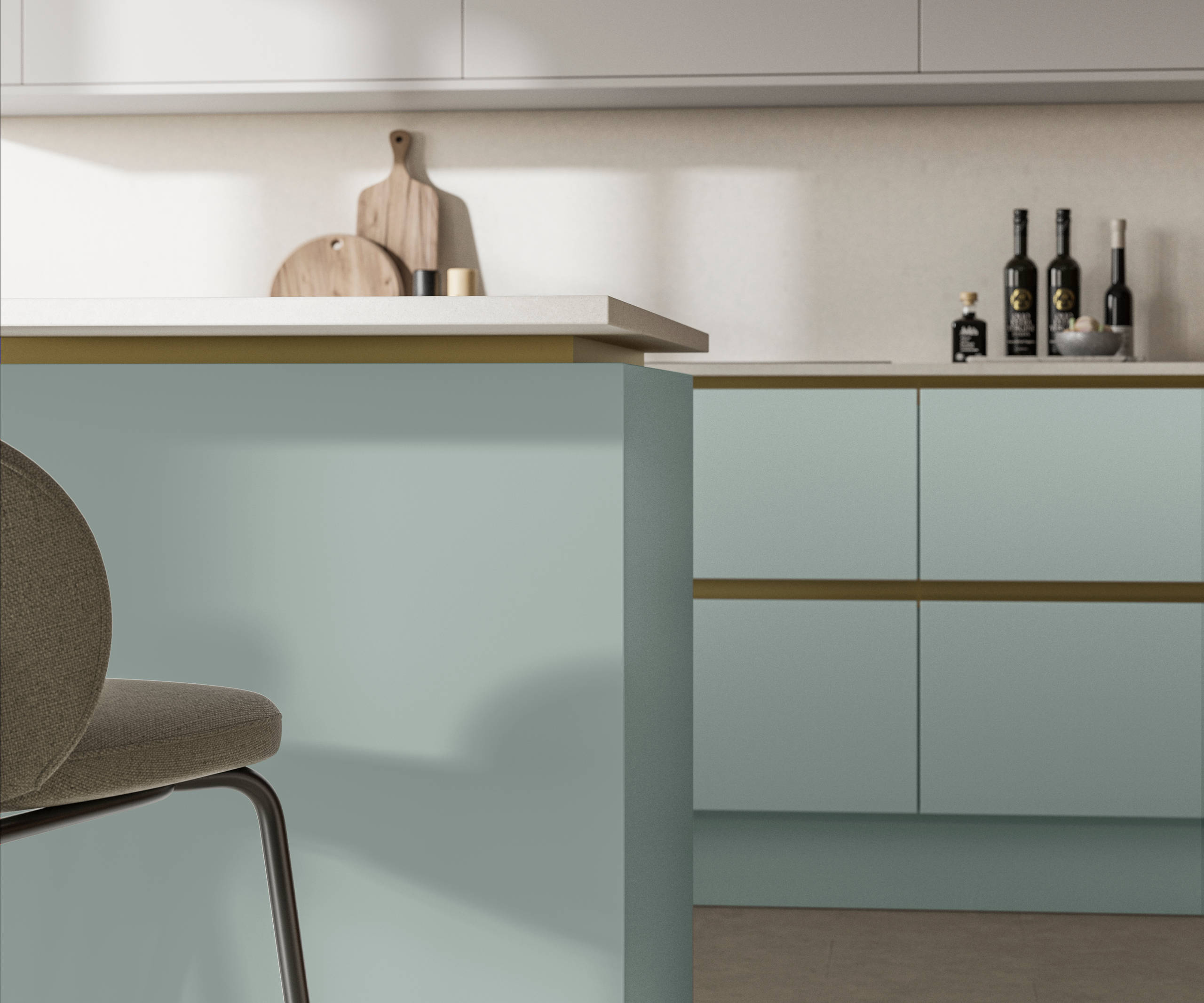 Modern and minimalist Integra Soho Sky kitchen, a frameless slab door with integrated handles in a smooth paint finish.