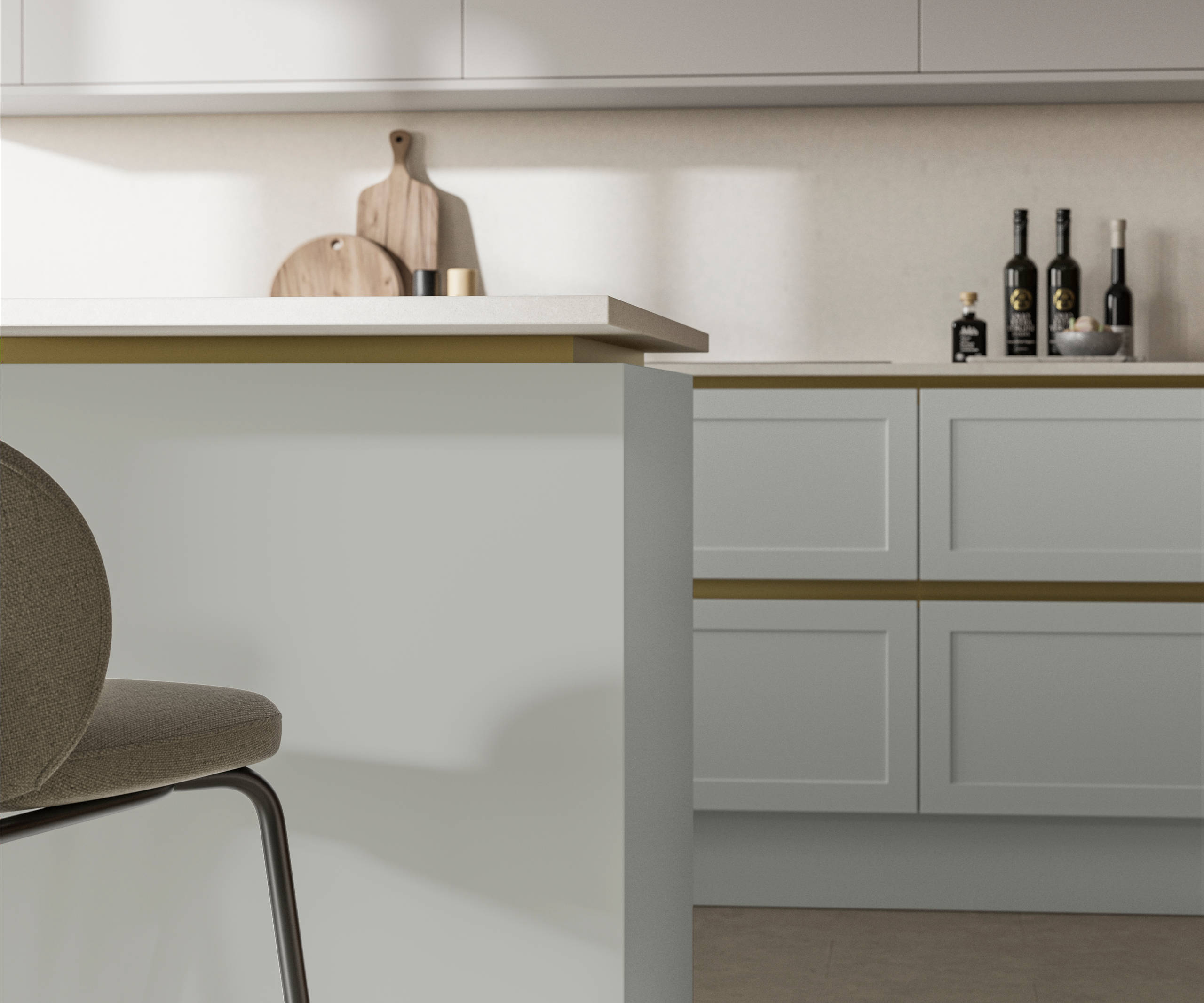 Integra Dunham Washed Cotton, a handleless shaker frontal with brass details and a white worktop..