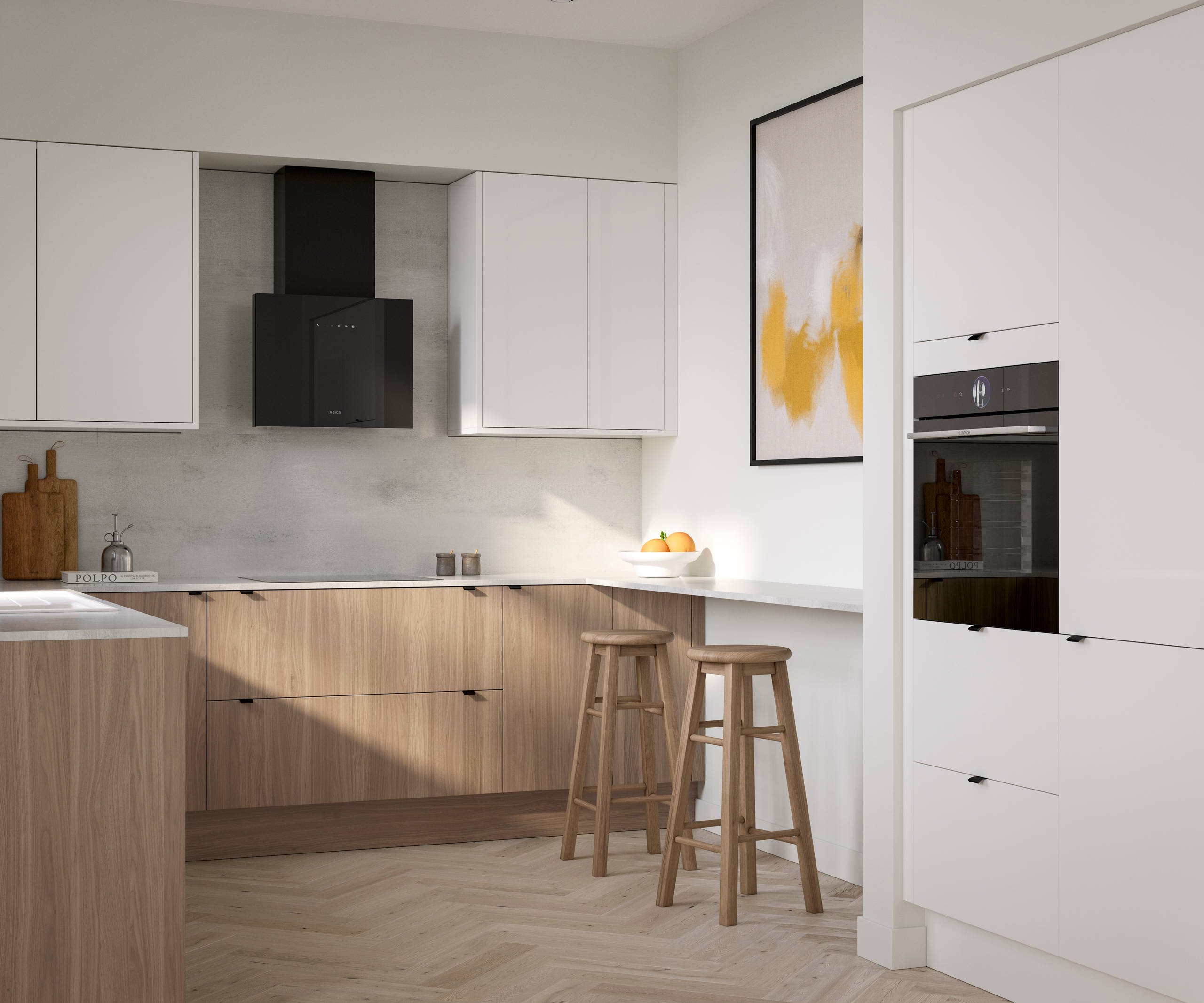 Ascoli Natural Oak kitchen cabinetry covered by a white worktop extending from cabinets to a bar seating area with light wood stools, Gloss white wall cabinets and, tall cabinets with a built-in oven all paired with black accessories, wood floors.