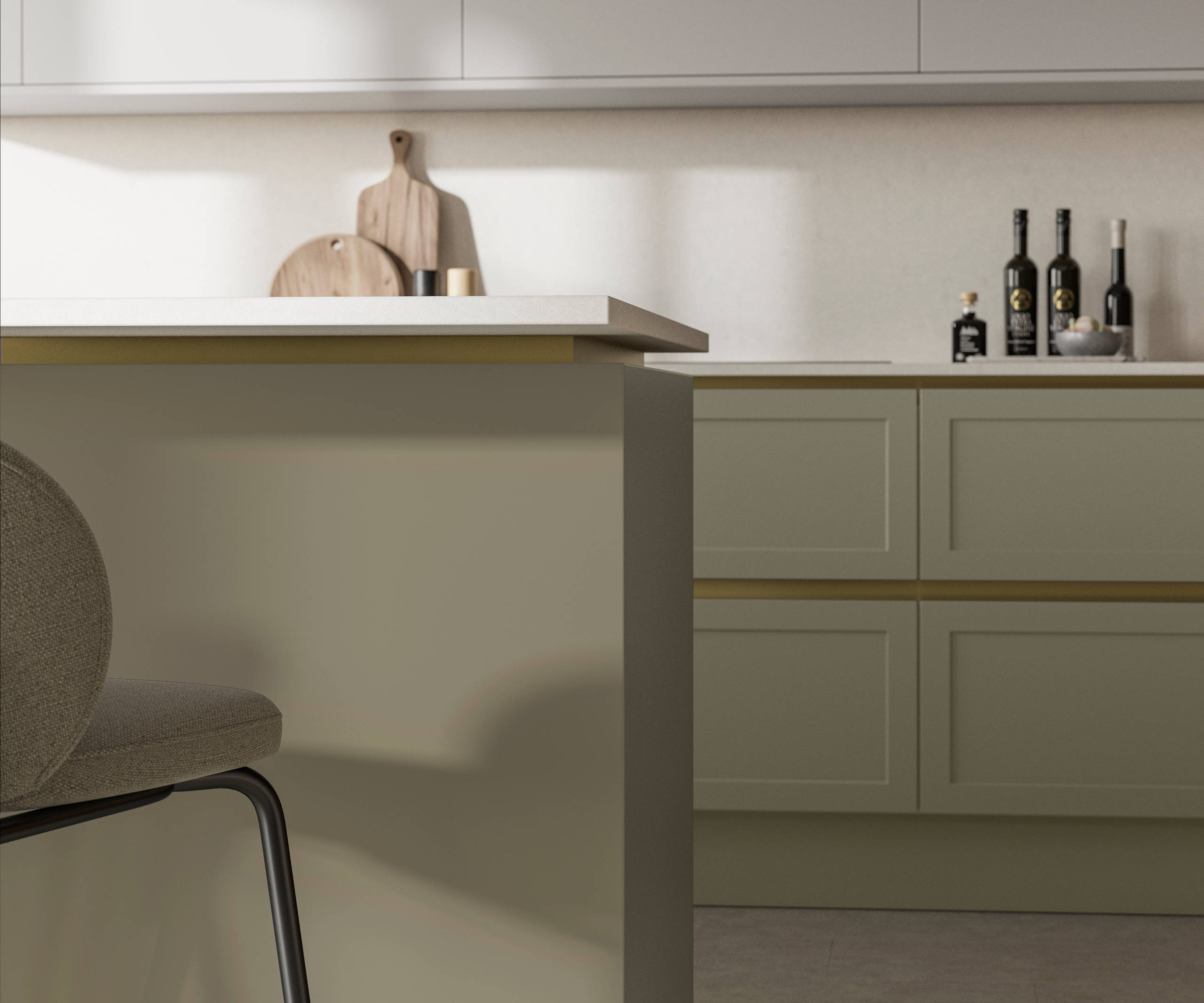 Integra Dunham French Clay, a handleless shaker frontal with brass details and a white worktop..