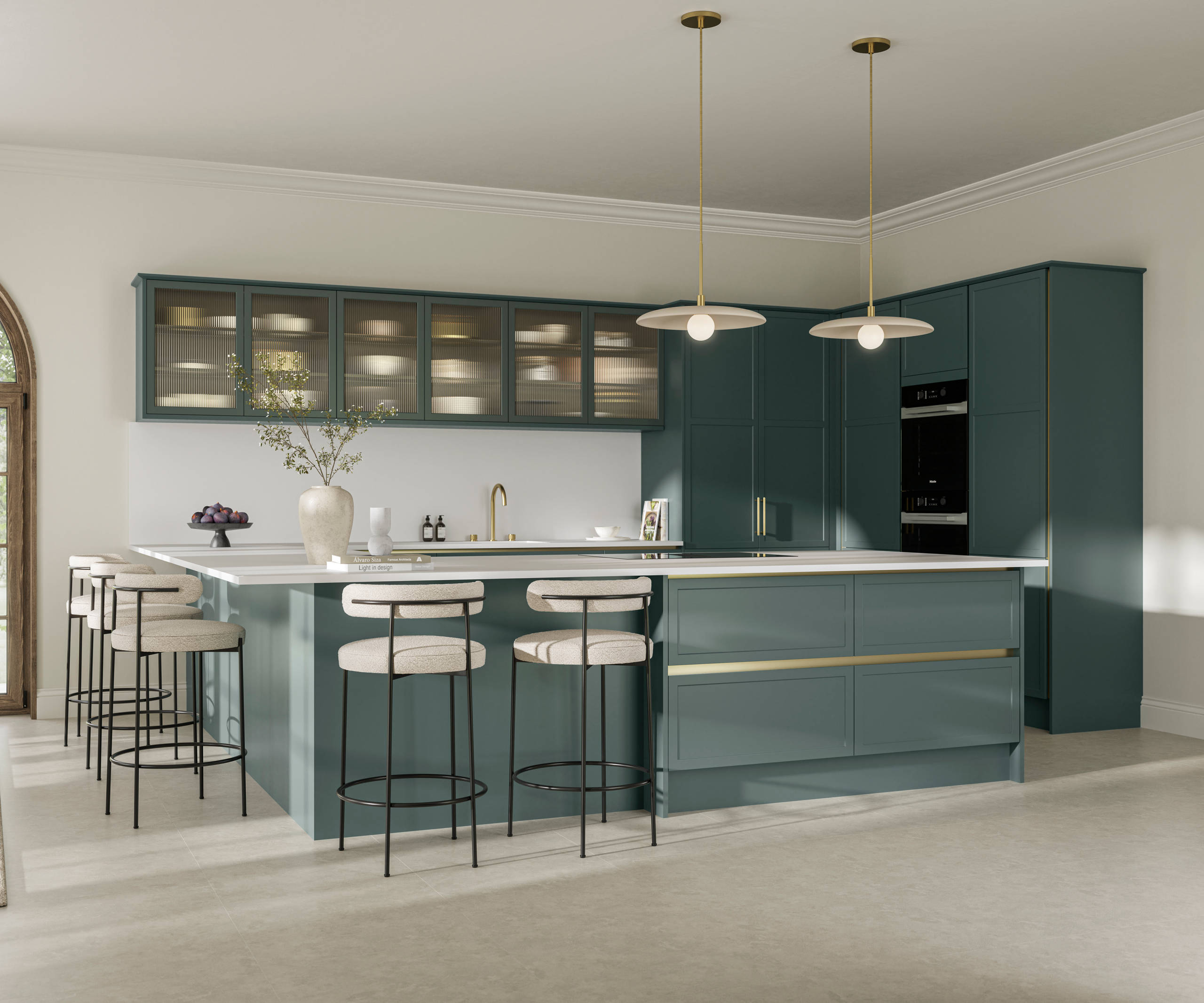 Handleless frame door Integra Brunswick Spruce G-shaped kitchen, Georgian extension with bar stool seating, Minerva white worktop and splashback, wall cabinets with fluted glass vitrine doors.