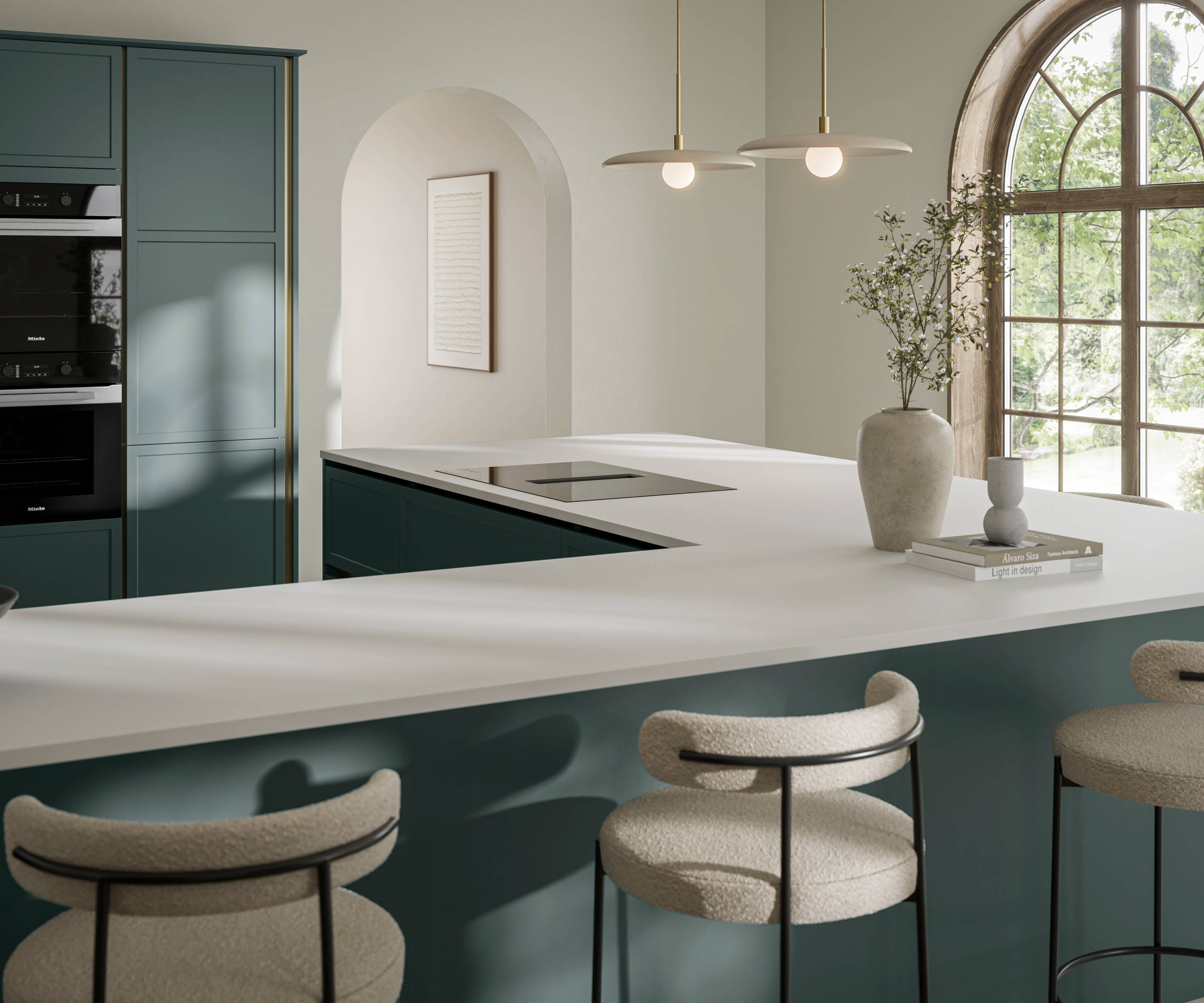 View of Georgian extension in handleless frame door Integra Brunswick Spruce G-shaped kitchen, with warm neutral decor, Minerva white worktop and splashback, breakfast bar with bar stool seating.