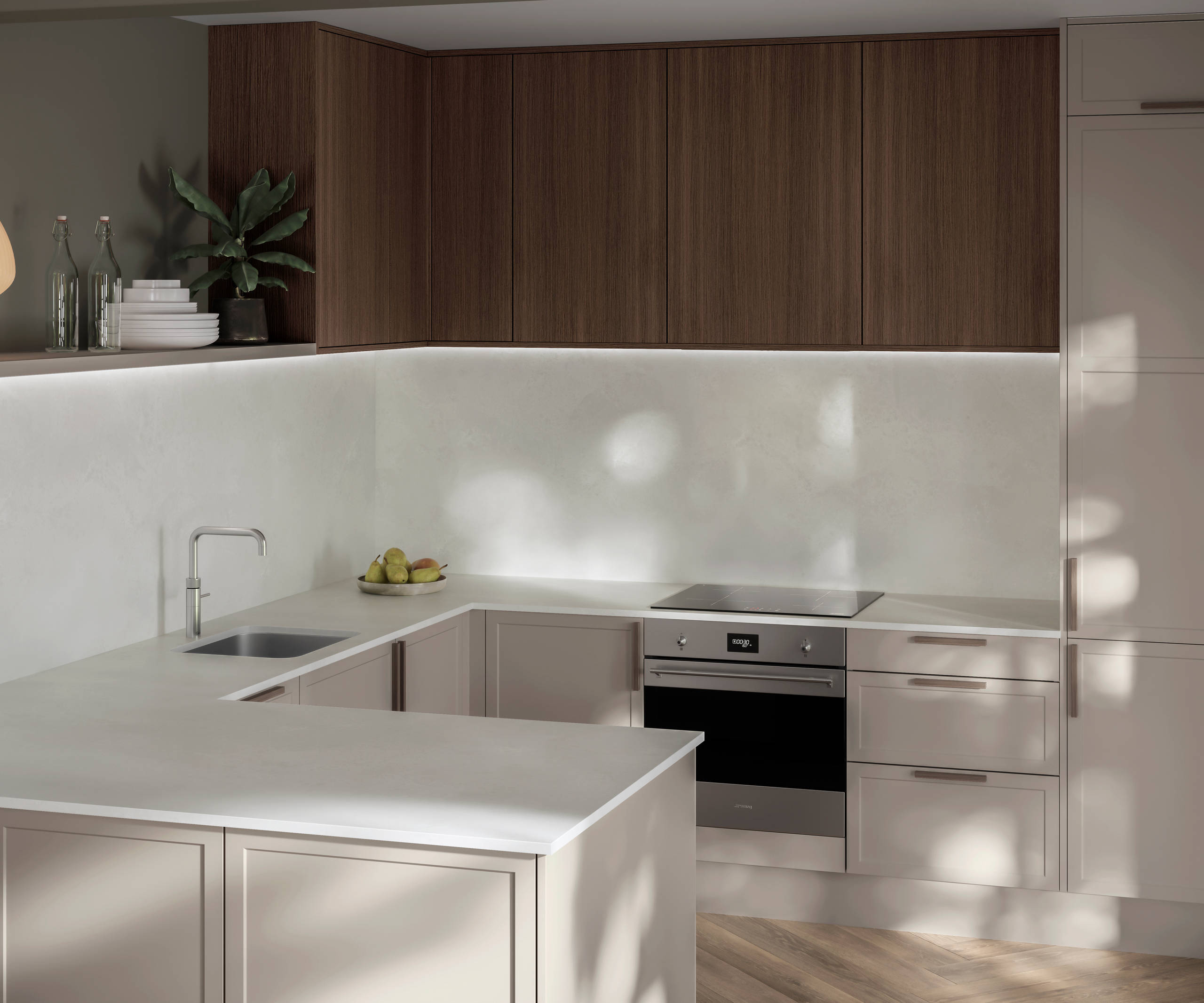 Modern Shaker kitchen Brunswick in light shade Limestone with Nordic Oak wall cabinets, matched with oak handles, compact Smeg induction hob, worktop and matching splashback in Silestone quartz Nolita.