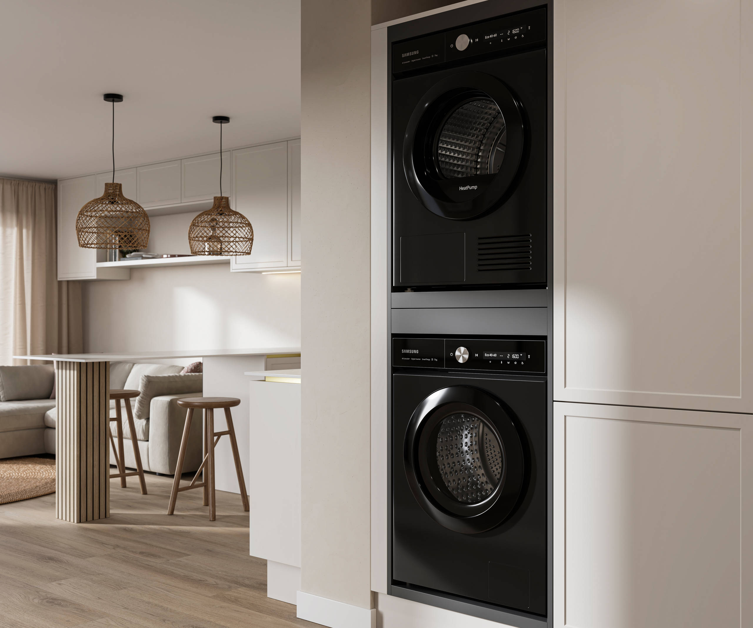 View from utility room with integrated washing machine and tumble dryer of handleless Wabi sabi inspired Integra Brunswick Limestone kitchen combined with living area, wood barstools for breakfast bar, natural materials, Euros oak flooring.