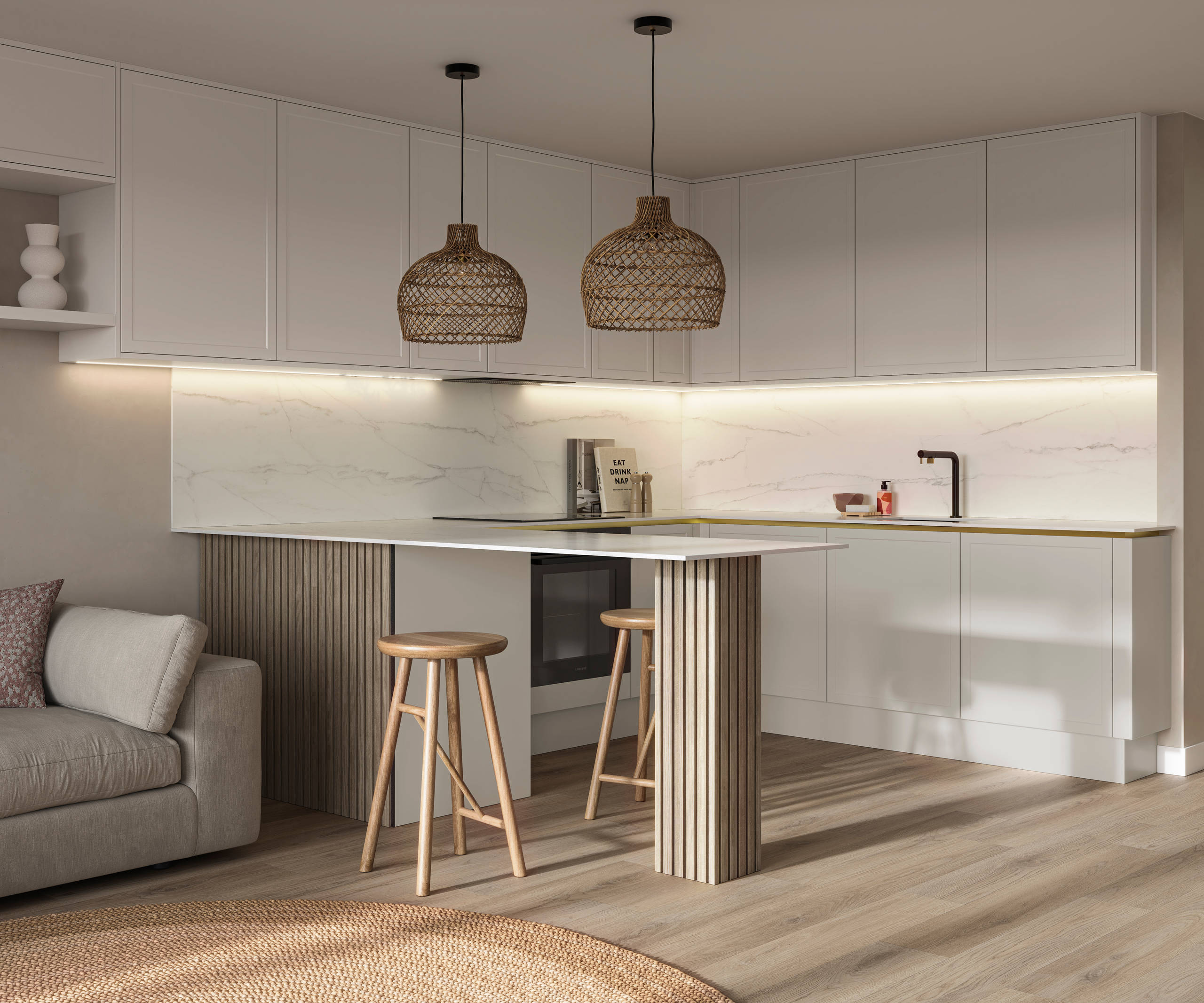 Handleless Wabi sabi inspired Integra Brunswick Limestone kitchen combined with living area, wood barstools for breakfast bar, natural materials, Euros oak flooring.