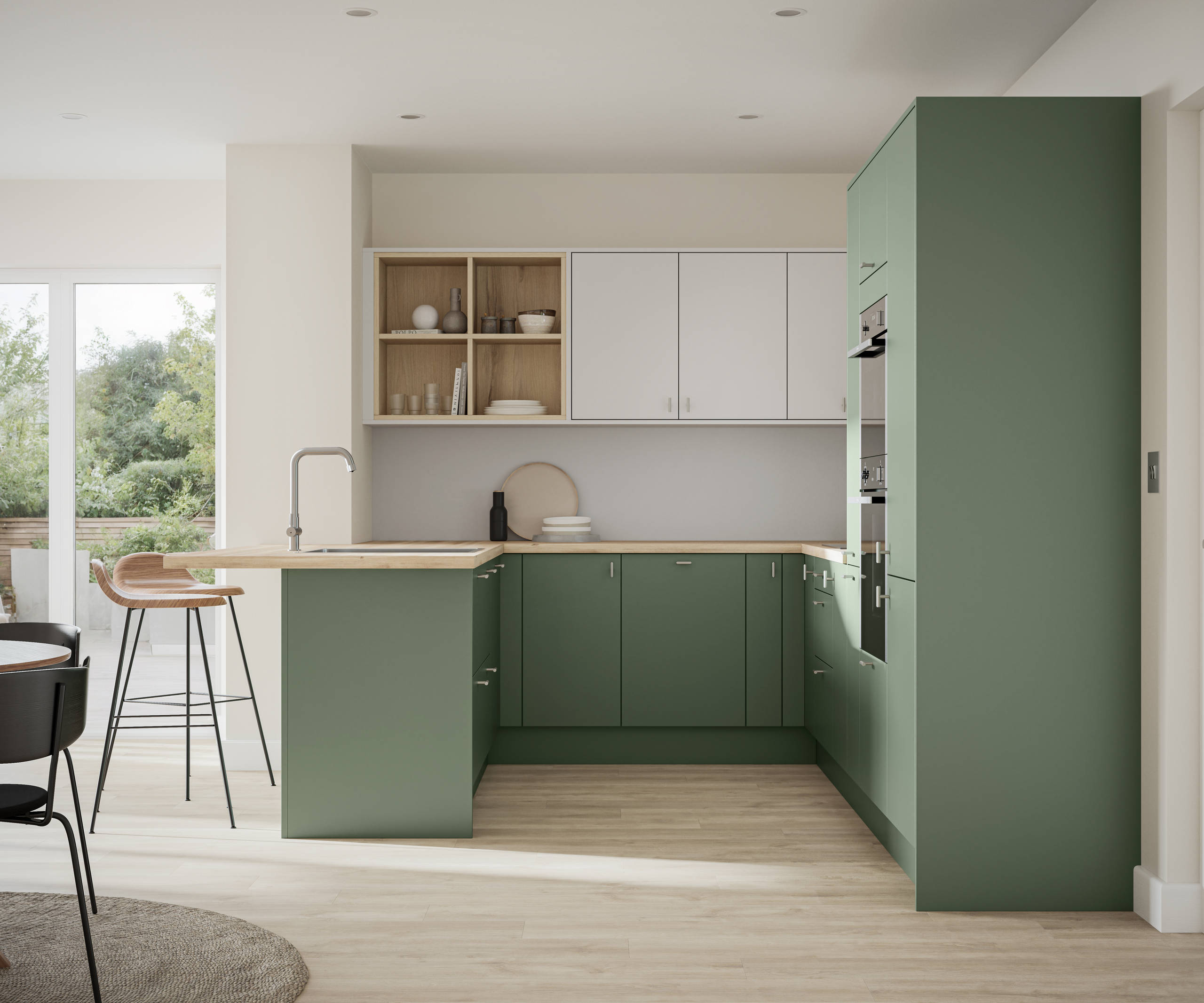 Scandi influenced fresh green Ascoli Woodland and light grey kitchen with timber details such as open shelf top cabinets, oak laminate worktop and oak laminate floor.