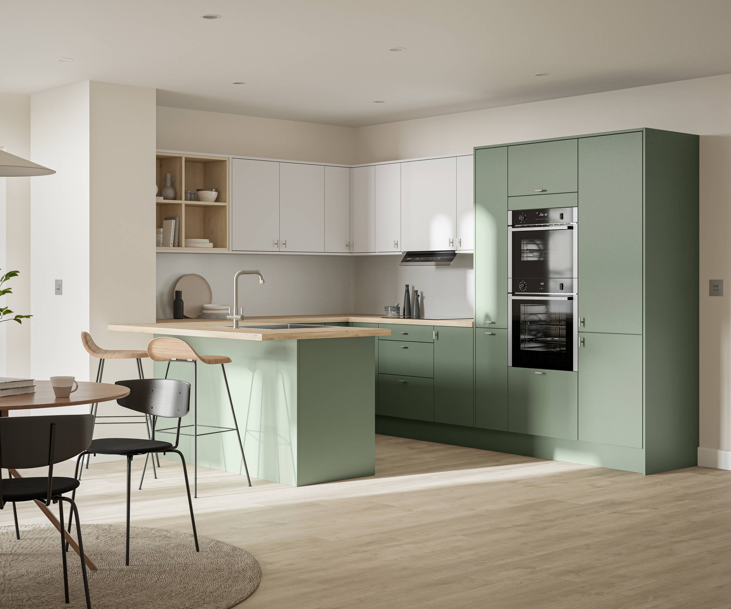 Contemporary scandinavian influenced Ascoli kitchen in fresh shade green Woodland and light grey, wall cabinets with timber accents like open shelves and oak laminate worktop, matched with oak laminate flooring and wood barstools at breakfast bar.