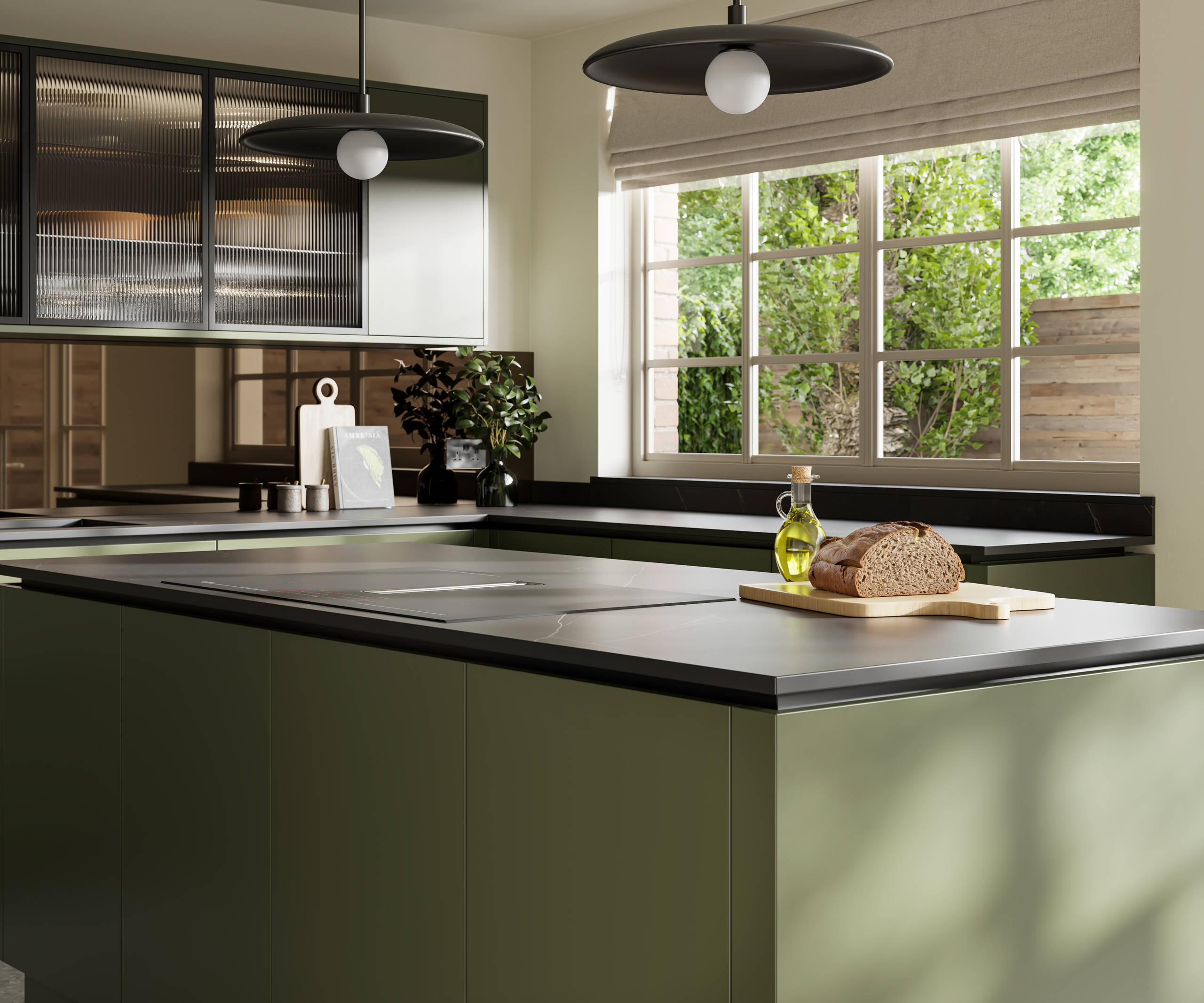 View over kitchen island in Integra Soho Tailored Green cabinetry, with Dekton worktop, fluted glass vitrine wall cabinets and large windows.