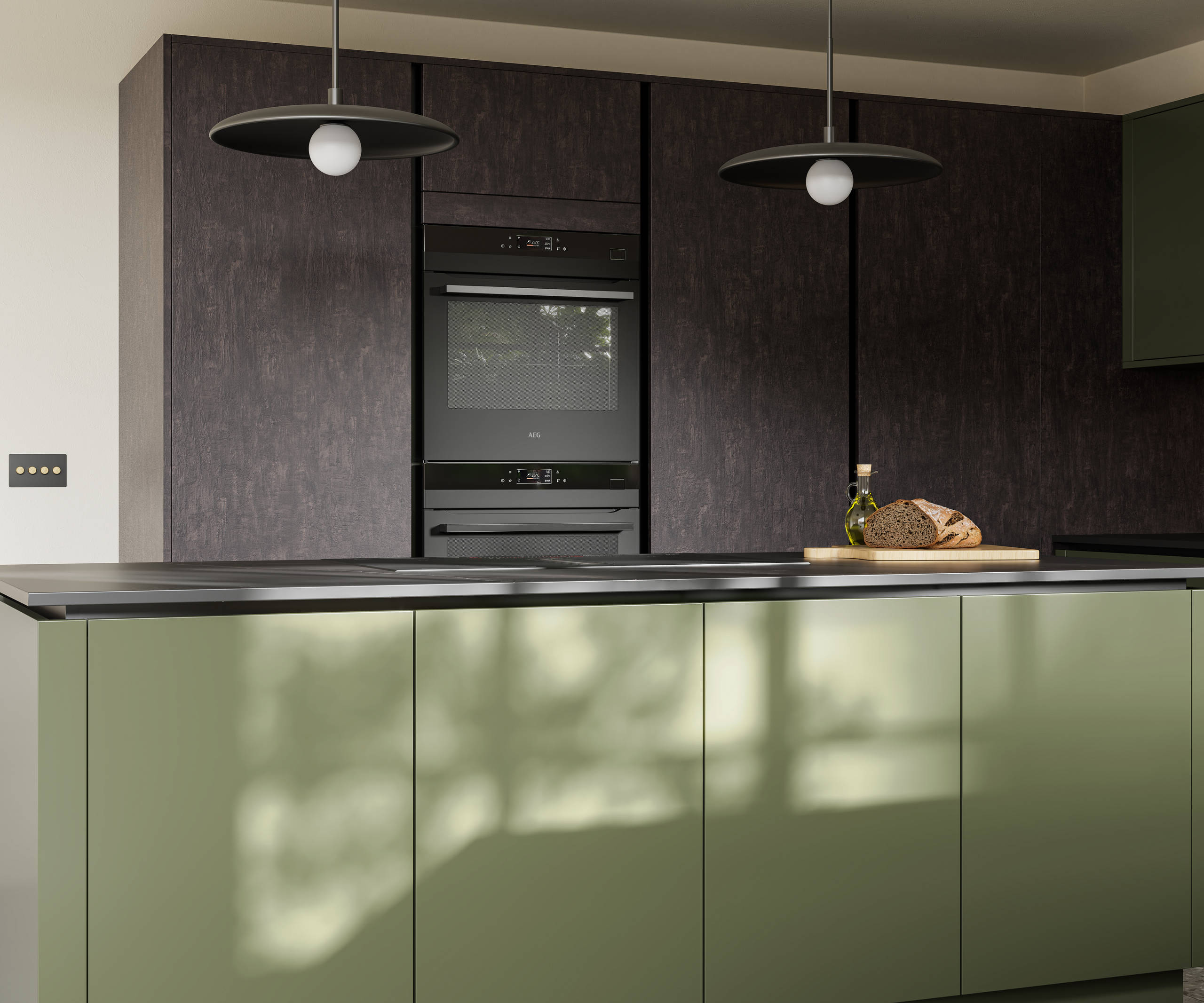 Integra Soho Tailored Green kitchen and kitchen island with contrasting dark wood Portobello Etna and black accessories, integrated ovens in tall cabinets, Dekton worktop and fluted glass vitrin wall cabinets.