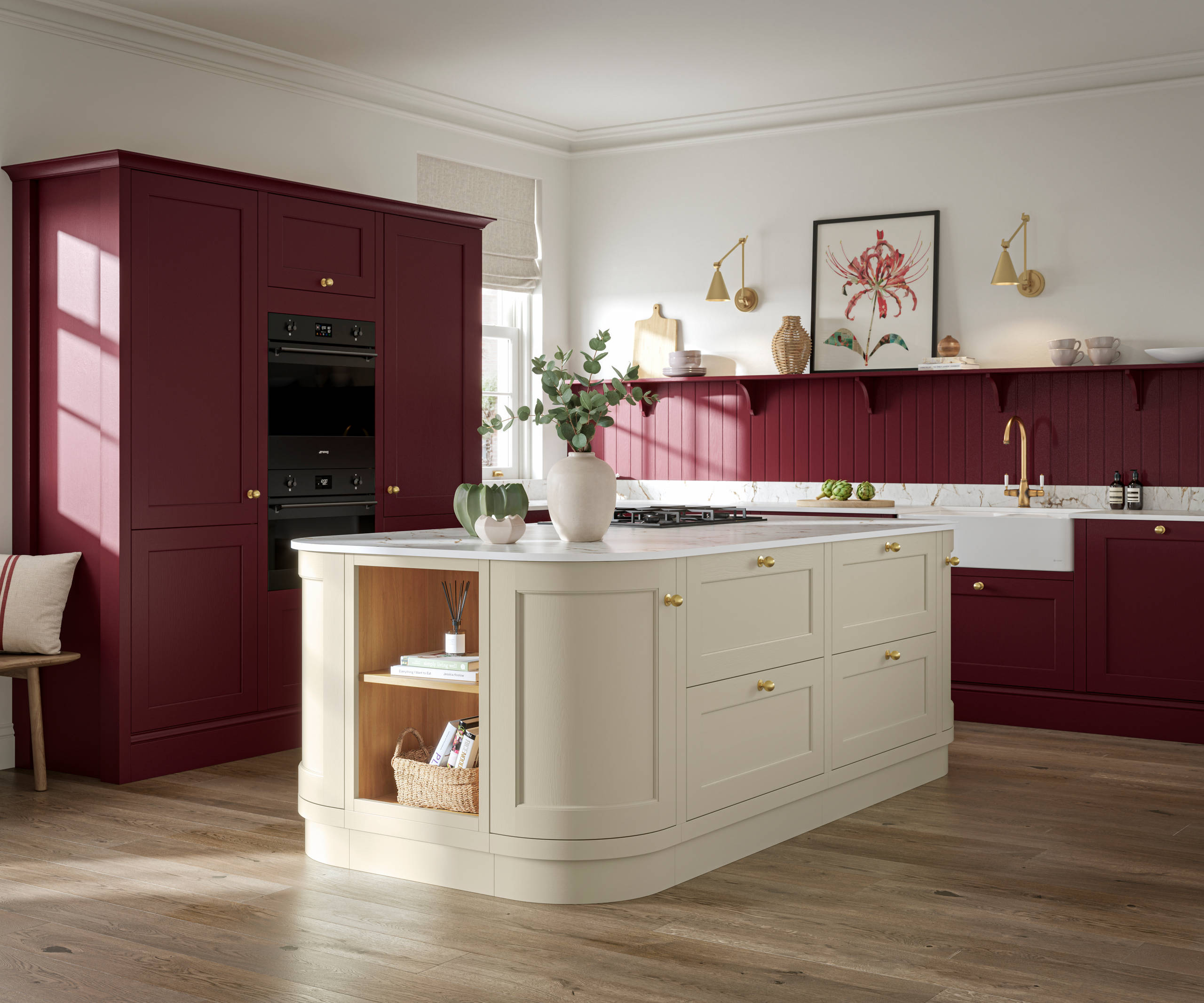 Traditional Shaker-style tactile woodgrain Ludlow kitchen in bold shade Morello with matching wall panel and shelves, brass accents such as knobs and brass tap, a white ceramic sink, Ludlow parchment kitchen island with open end shelves and dusty oak vinyl flooring.