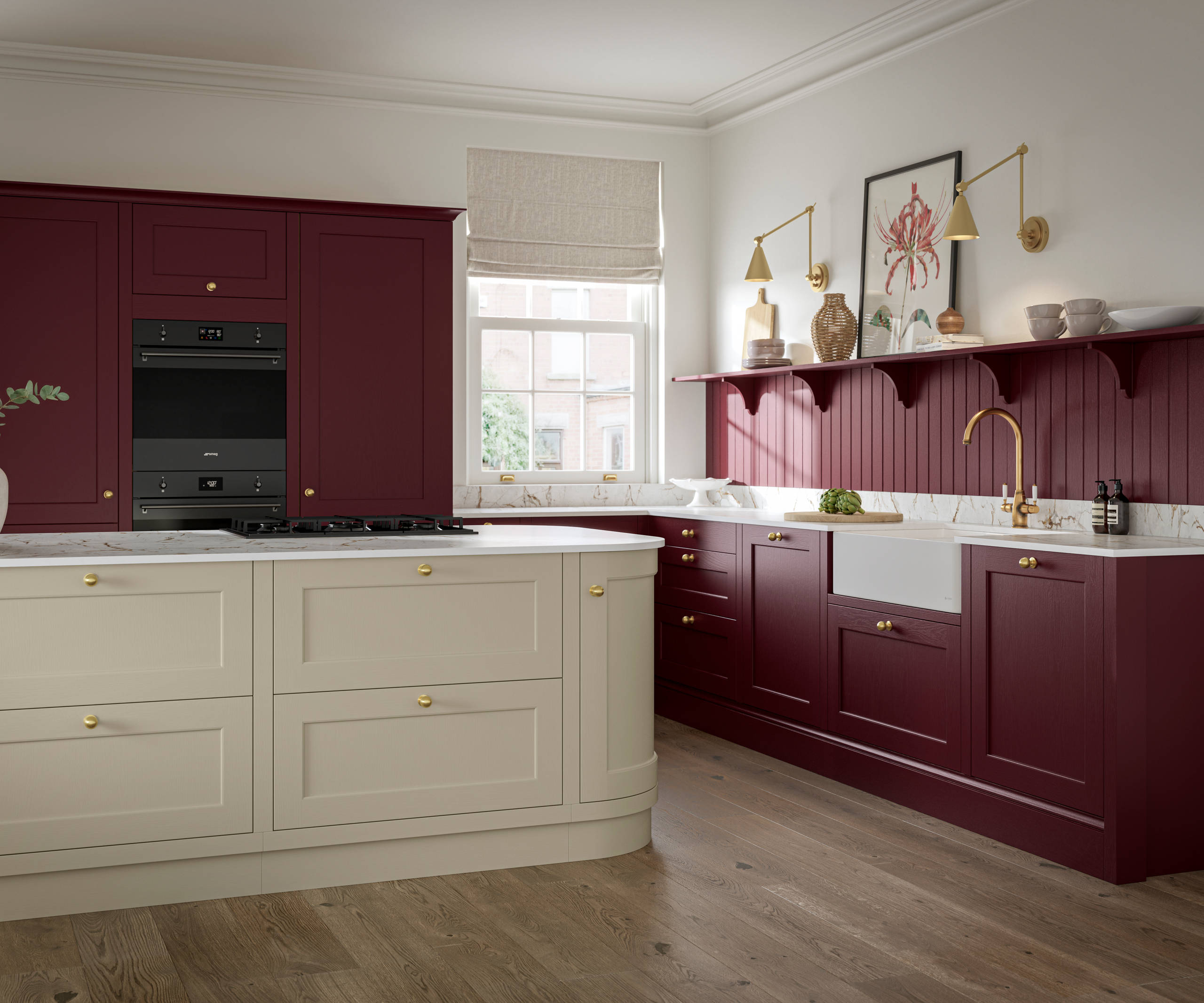 Traditional Shaker-style tactile woodgrain Ludlow kitchen in bold shade Morello with matching wall panel and shelves, brass accents such as knobs and brass tap, a white ceramic sink, Ludlow parchment kitchen island and dusty oak vinyl flooring.