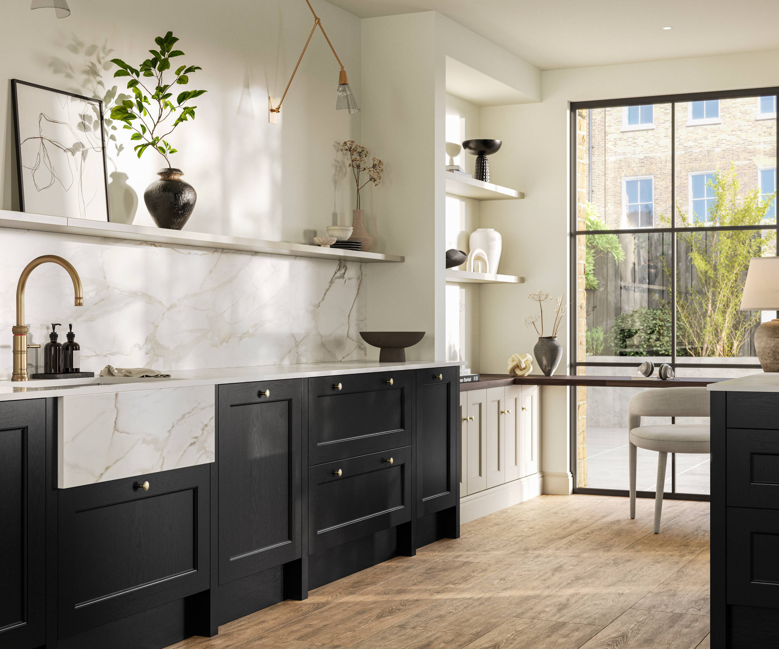 Traditional Shaker-style tactile woodgrain Ludlow Sumi Black kitchen with kitchen island, light and airy with brass accessories, marbled white and grey worktop, home office area by full height windows and Amtico oak stripwood vinyl flooring.
