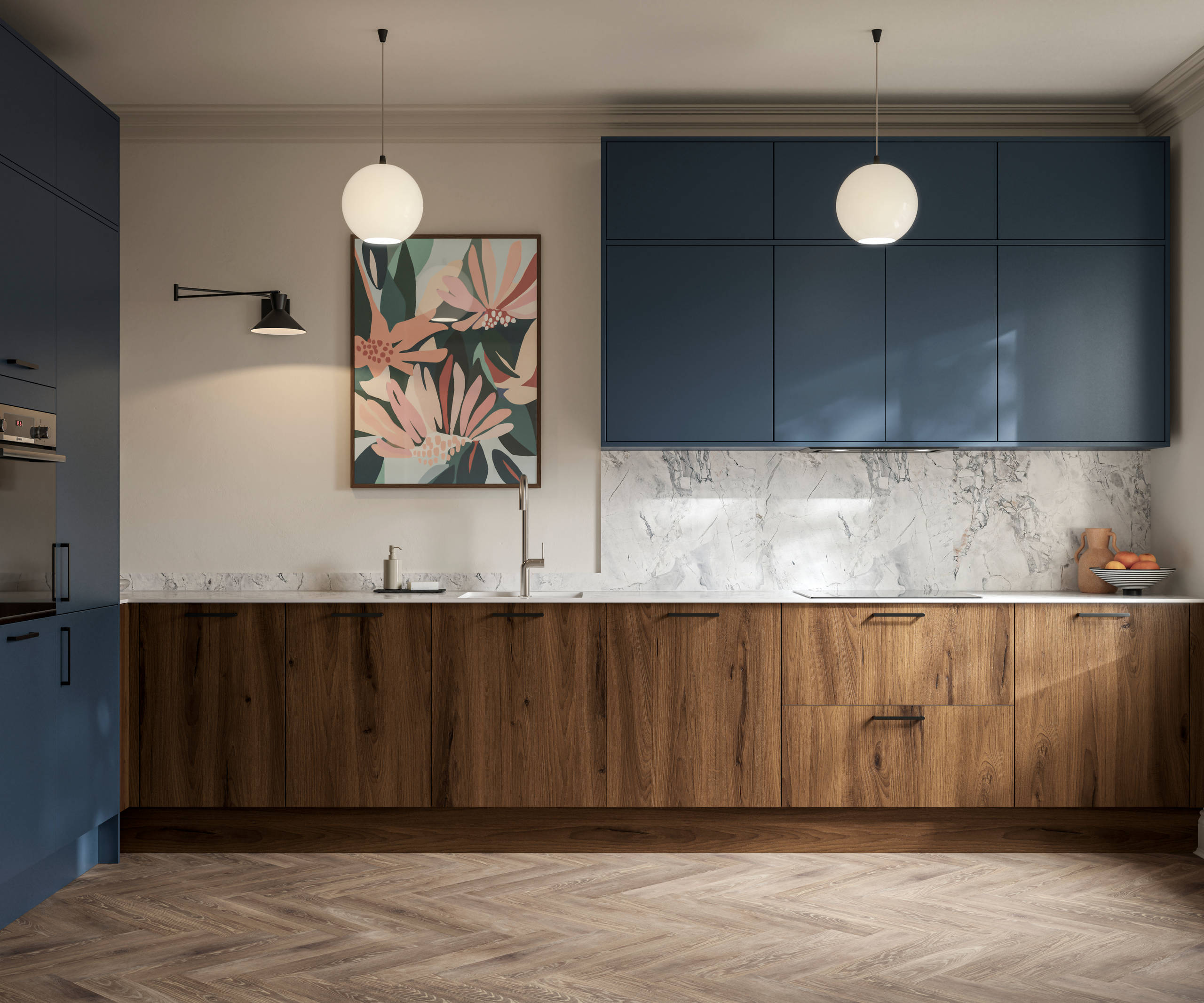Contemporary Ascoli Mineral Blue tall cabinets and wall cabinets over Portobello Umbra kitchen cabinets with marbled compact laminate worktop, black handles and Amtico smouldered oak herringbone flooring.