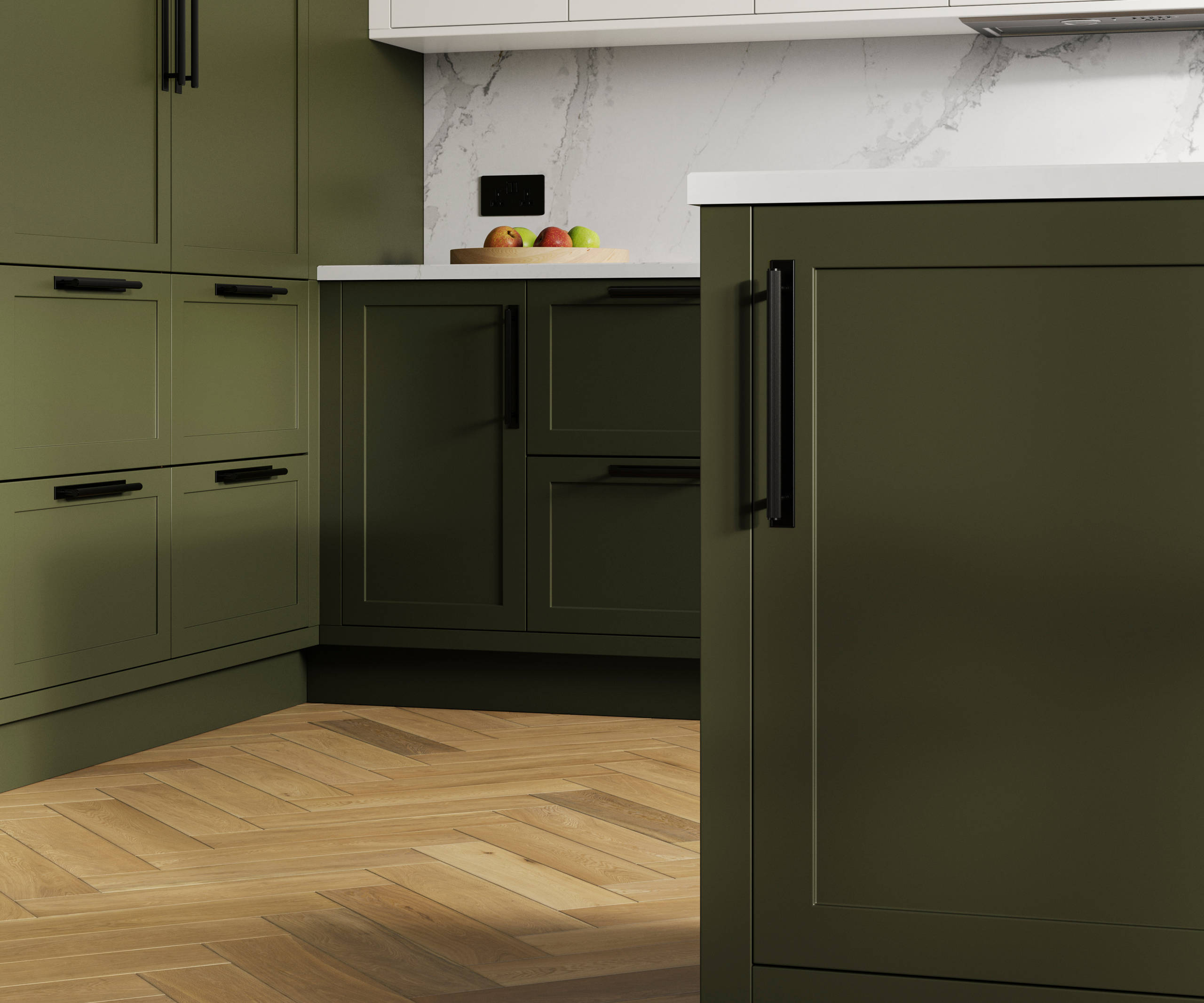 Dunham in shade Tailored Green has a thin frame and smooth painted finish with no visible woodgrain, providing a contemporary feel to a traditional look..