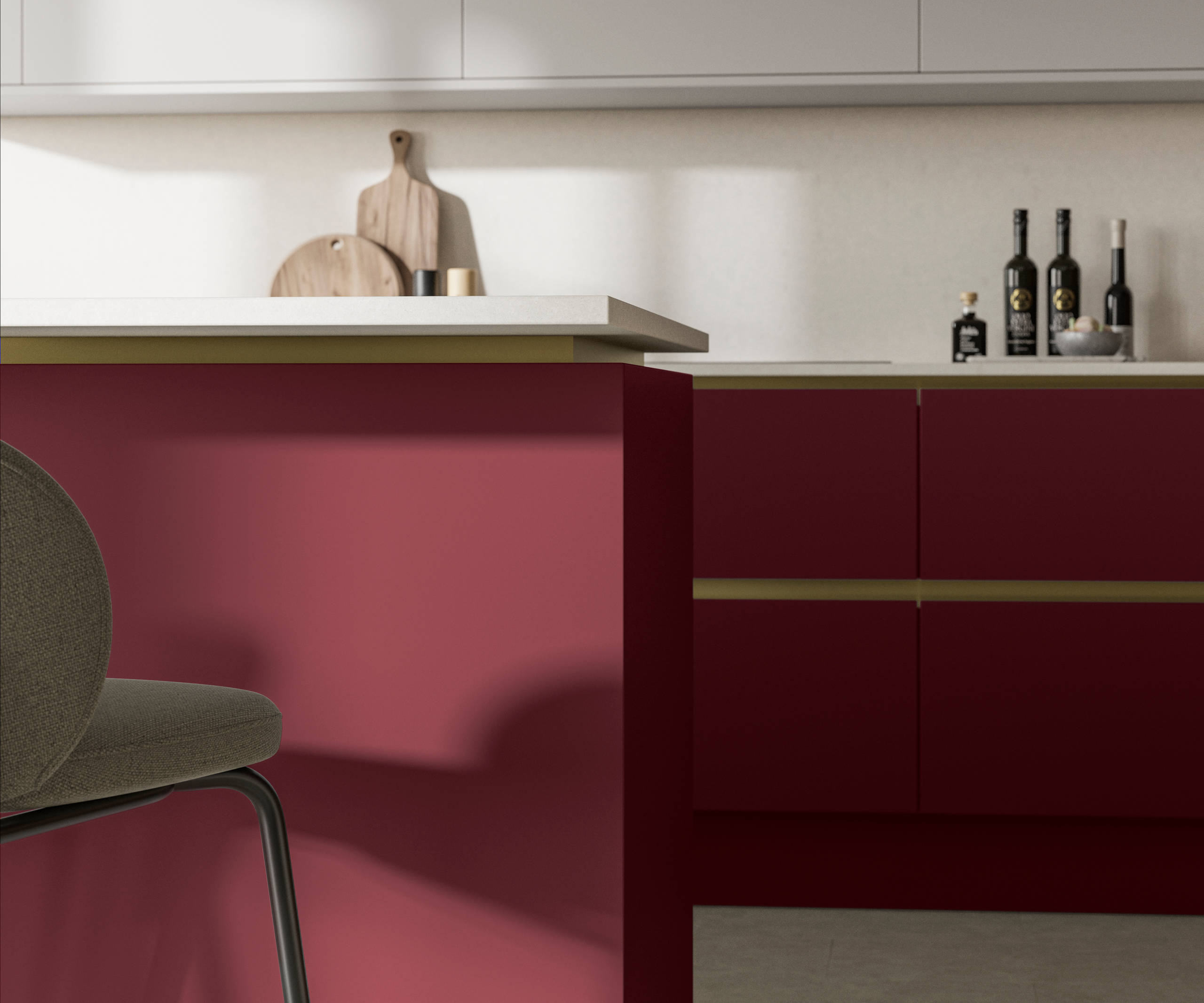 Modern and minimalist Integra Soho Morello kitchen, a frameless slab door with integrated handles in a smooth paint finish.