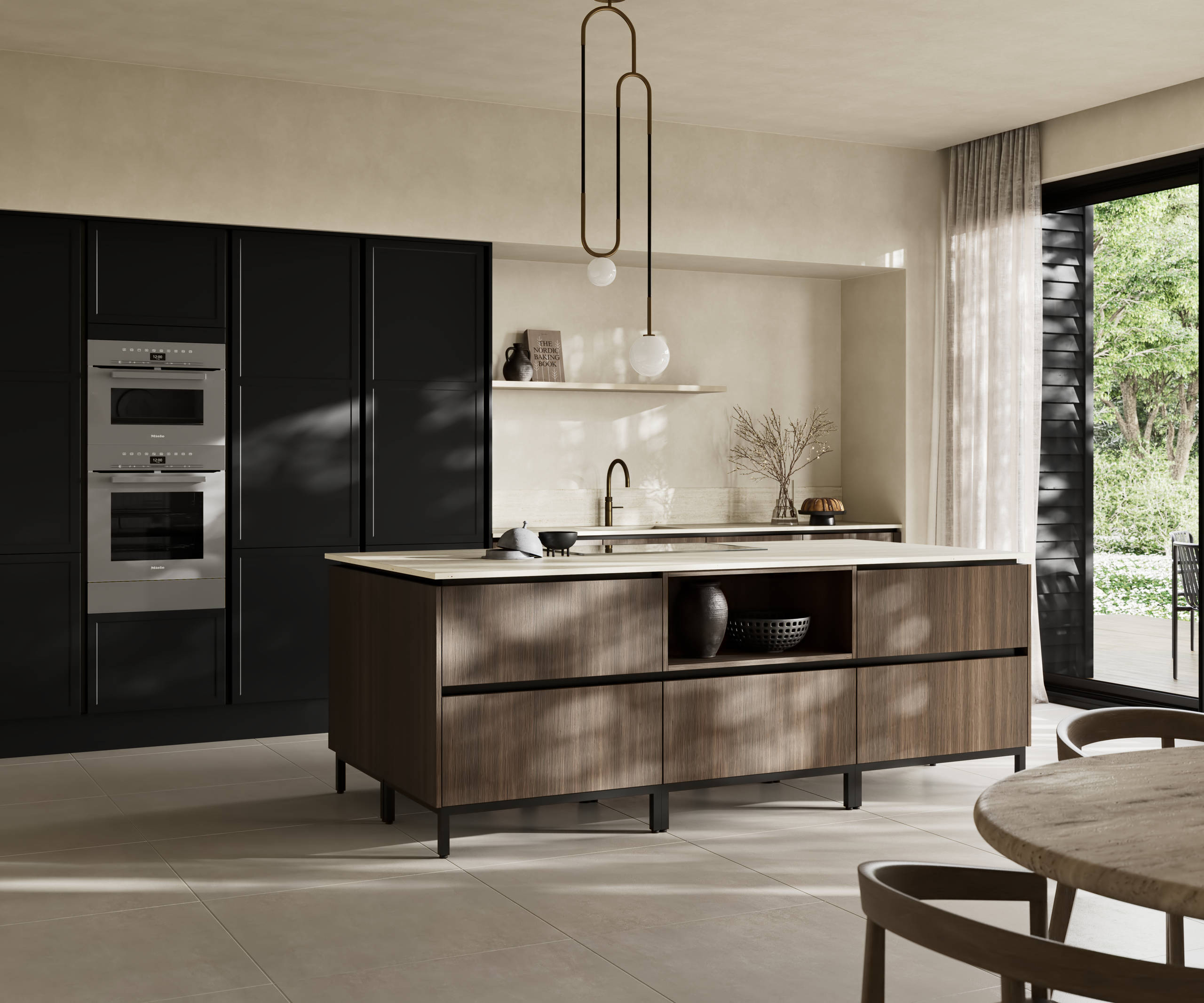 Handleless Integra Brunswick Sumi Black ultra-slim super-matt Shaker design and handleless rail system, with built-in ovens,  Portobello kitchen island and soft white marbled worktop and upstand, brushed brass tap.