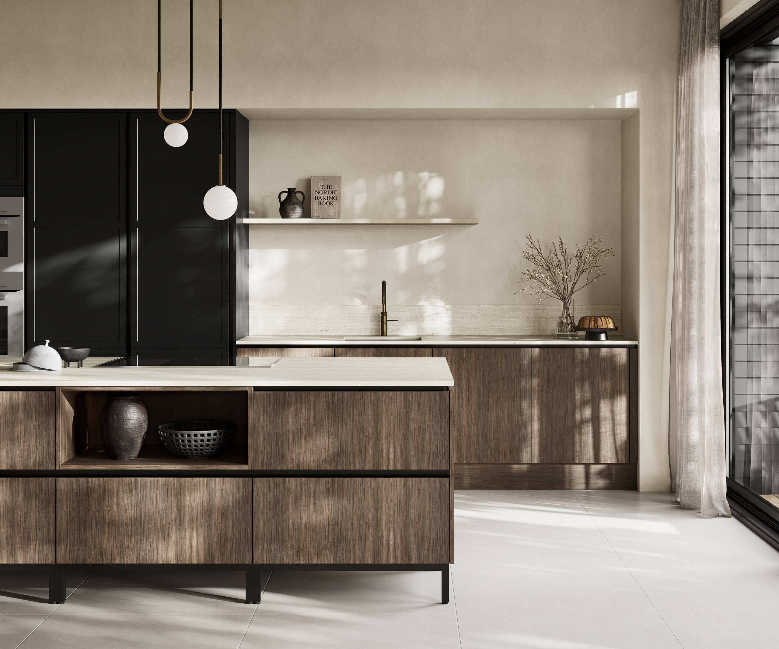 Handleless Integra Brunswick Sumi Black ultra-slim super-matt Shaker design and handleless rail system, with built-in ovens,  Portobello kitchen island and soft white marbled worktop and upstand, brushed brass tap.