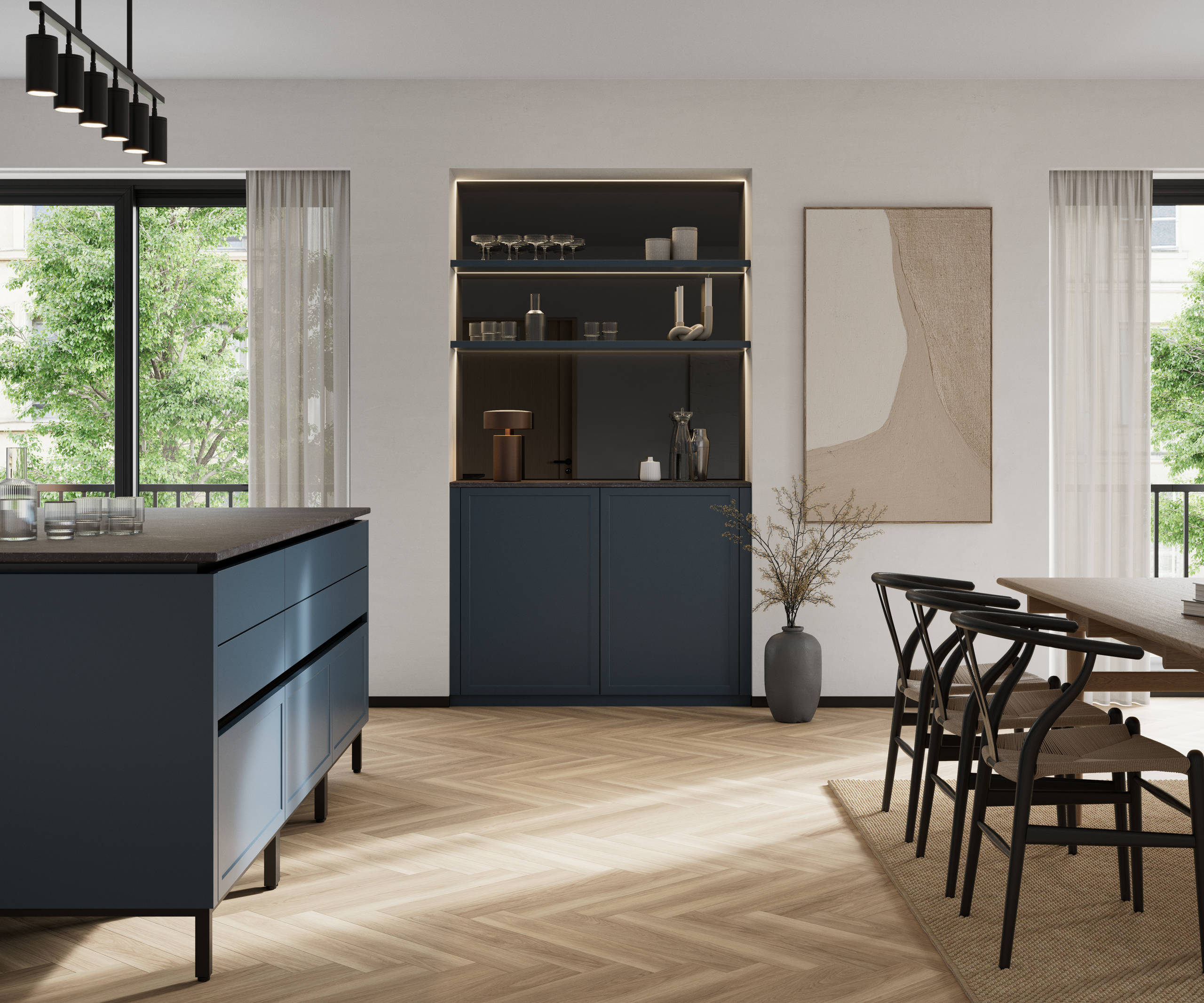 Handleless Integra Brunswick kitchen island and sideboard with an ultra-slim super-matt Shaker design and handleless rail system, in dark blue shade Voyage Blue, with black accessories and fluted glass wall cabinets