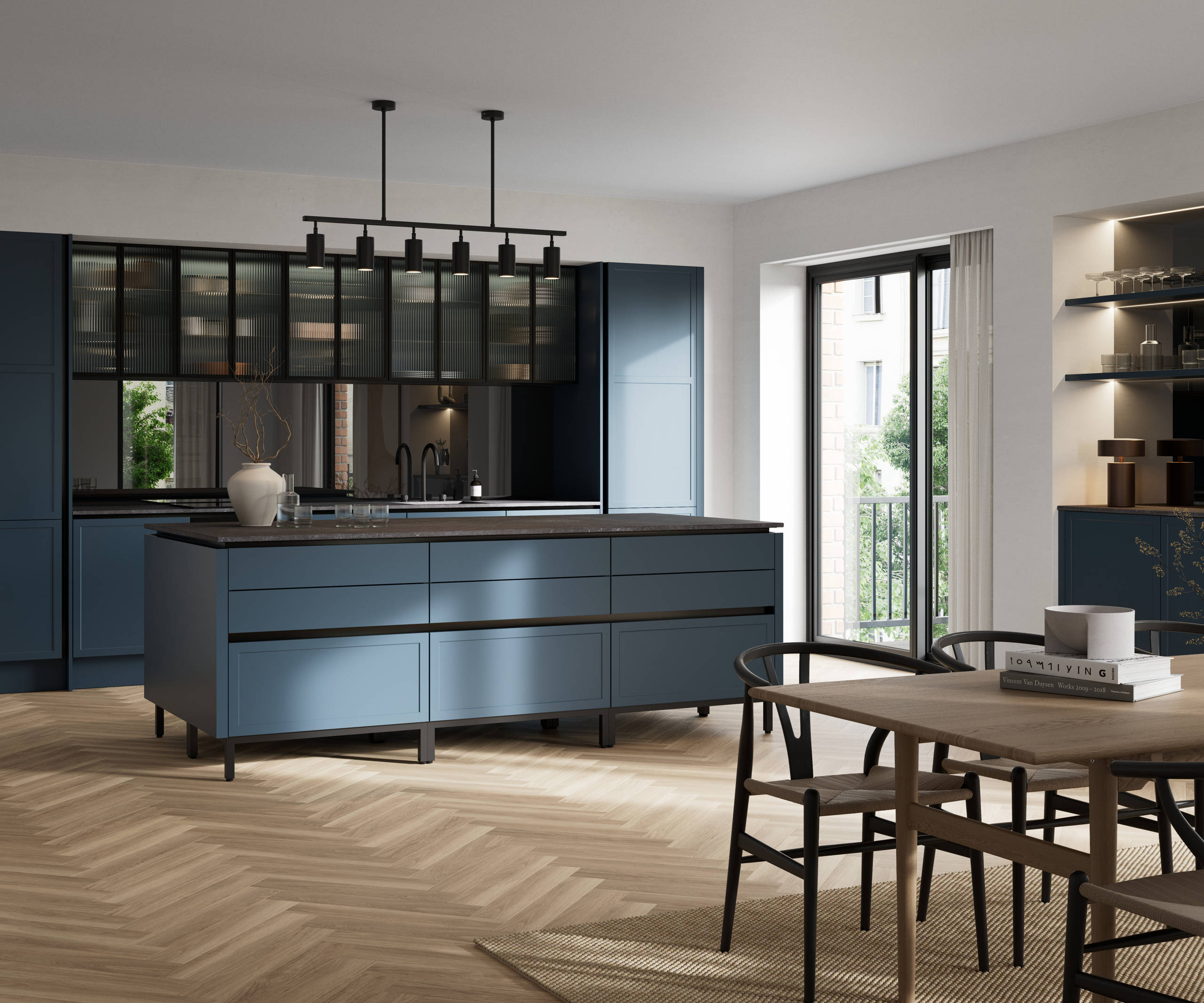 Handleless Integra Brunswick with an ultra-slim super-matt Shaker design and handleless rail system, in dark blue shade Voyage Blue, with black accessories and fluted glass wall cabinets, kitchen island