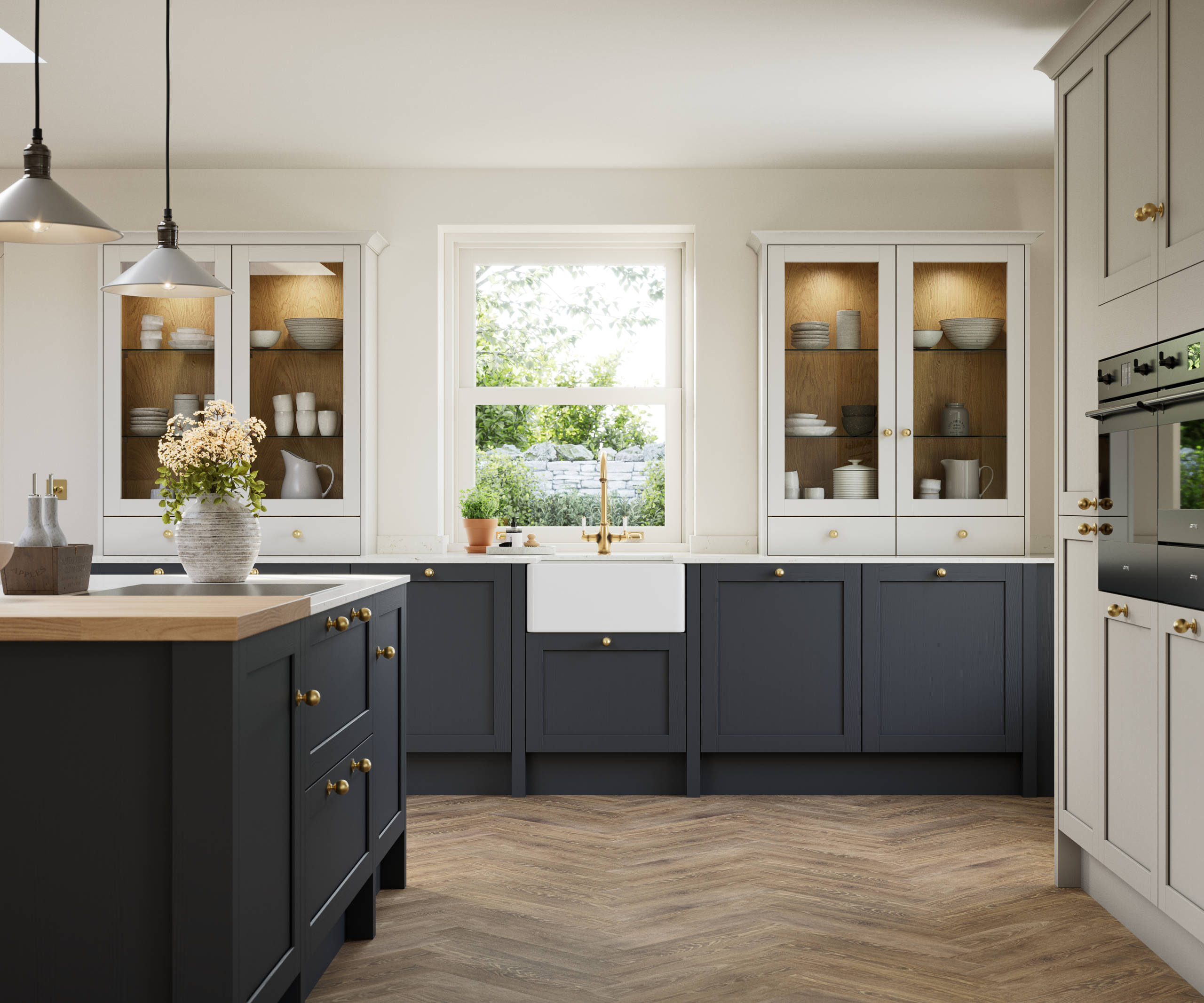 Contemporary Shaker kitchen island Ambleside from Magnet in deep blue shade Lake with beige tall cabinets, herringbone wood flooring and wood diningroom table