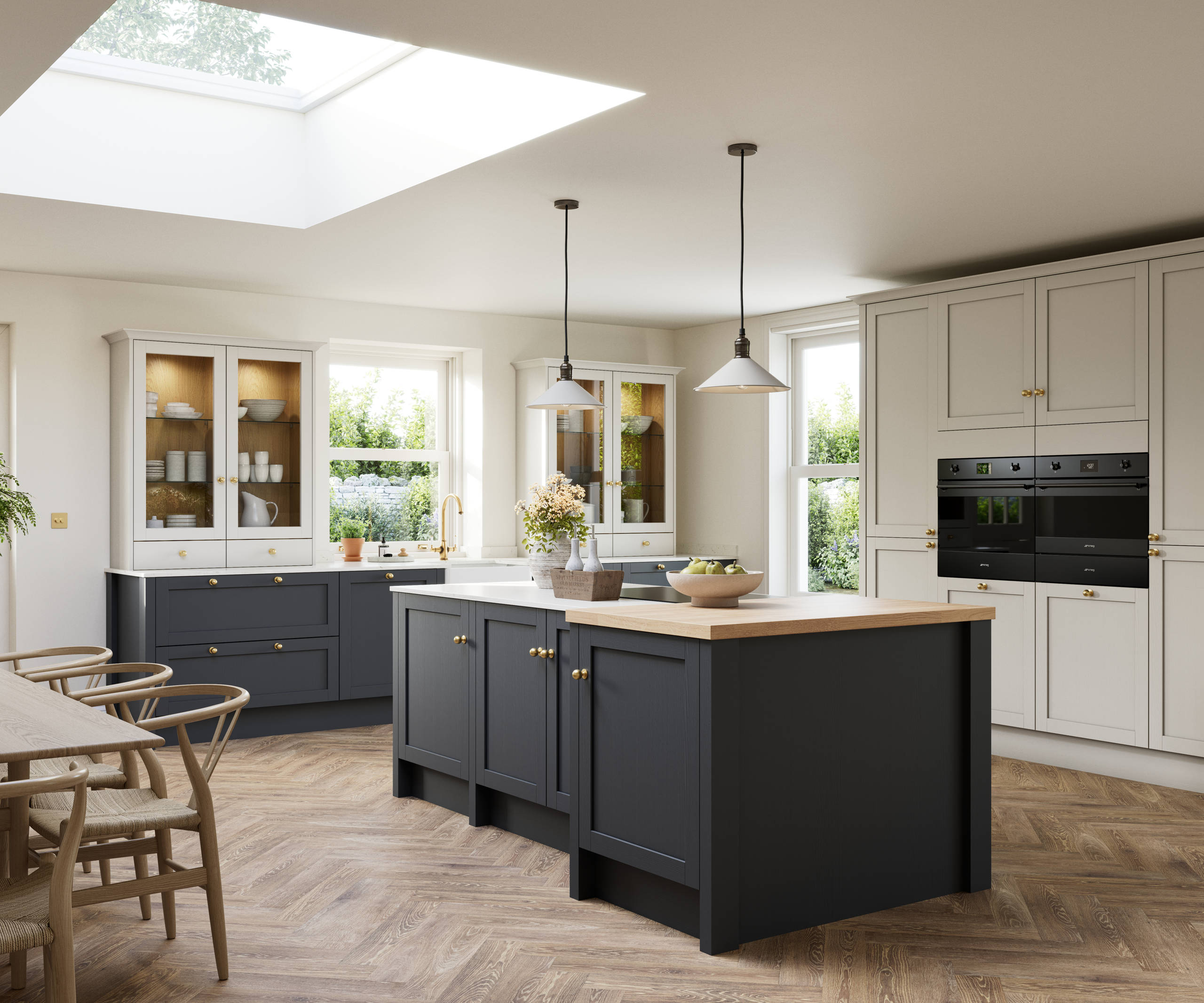 Contemporary Shaker kitchen island Ambleside from Magnet in deep blue shade Lake with beige tall cabinets, herringbone wood flooring and wood diningroom table
