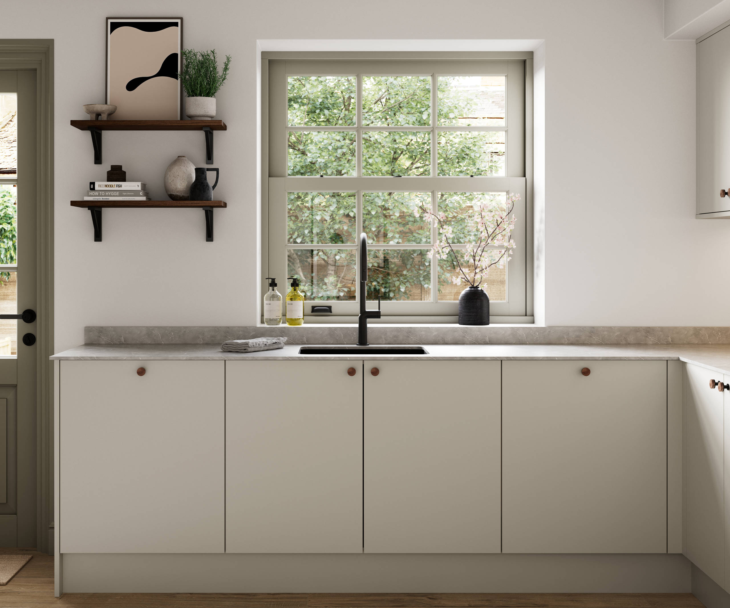 Modern slab kitchen Ascoli in neutral shade Limestone with brass knobs and black tap