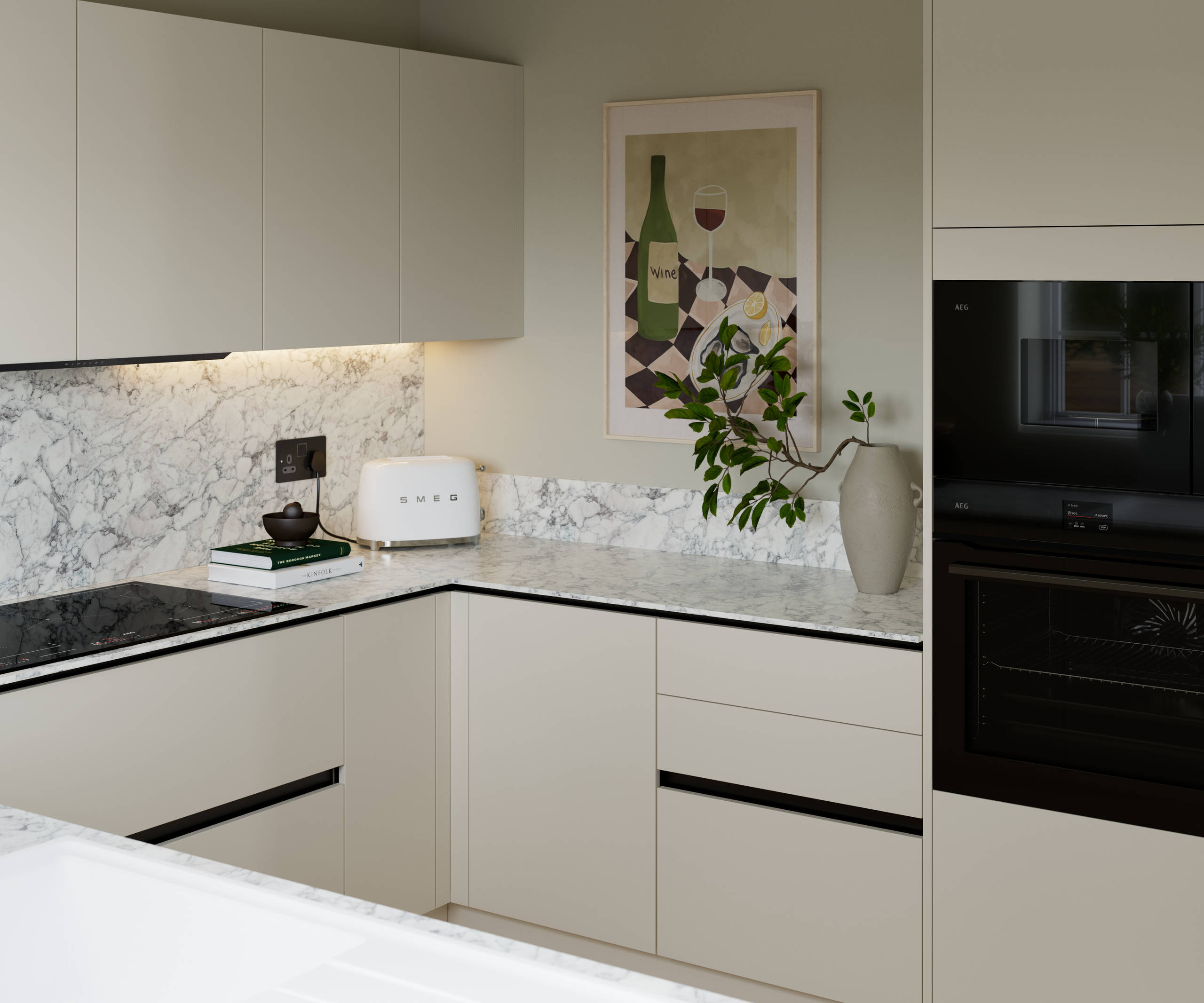 Light neutral shade fluted kitchen  with integrated appliances, white and grey marble worktop and upstand.