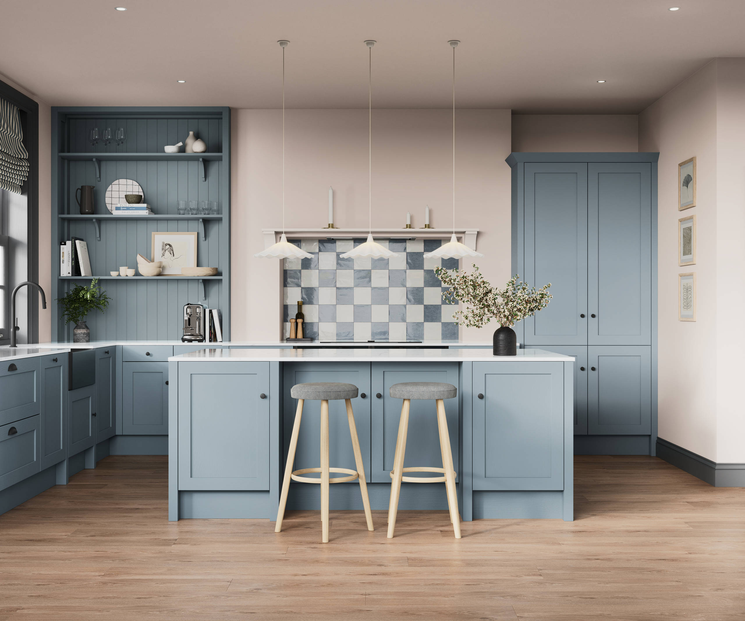 Premium Shaker kitchen Wardley Portland Blue including kitchen island with traditional detailing, black accessories, white worktop and matching blue open shelves with blue panelling and checkered tiling over range cooker.