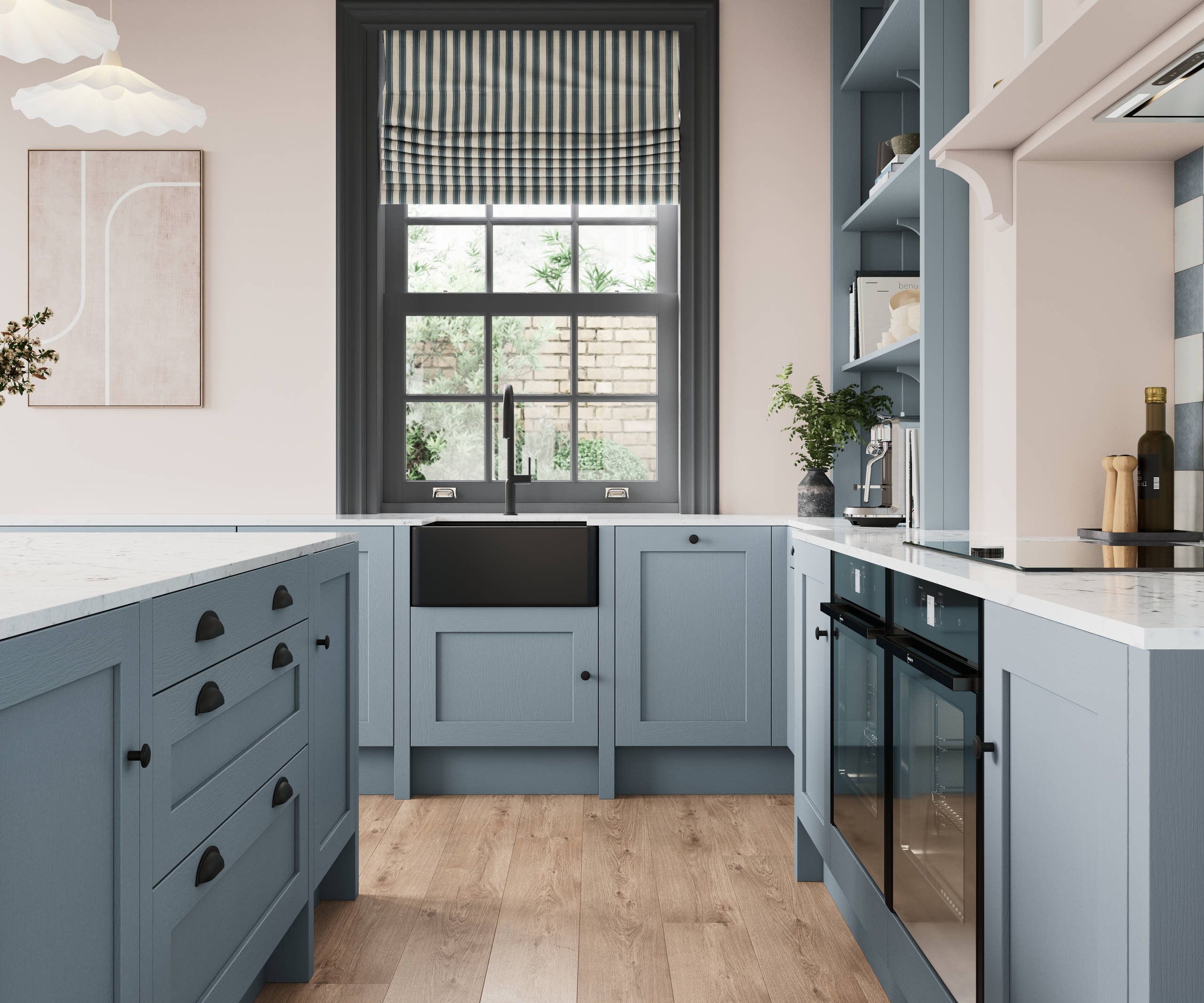 Parallell view of premium Shaker kitchen Wardley Portland Blue including kitchen island with traditional detailing, black accessories, white worktop and matching blue open shelves with blue panelling and checkered tiling over range cooker.