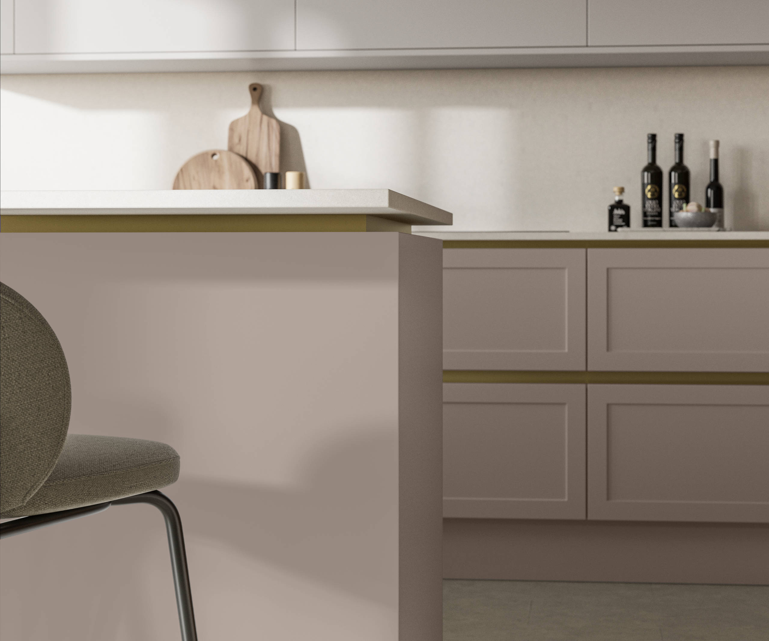 Integra Dunham Cornish Clay, a handleless shaker frontal with brass details and a white worktop.