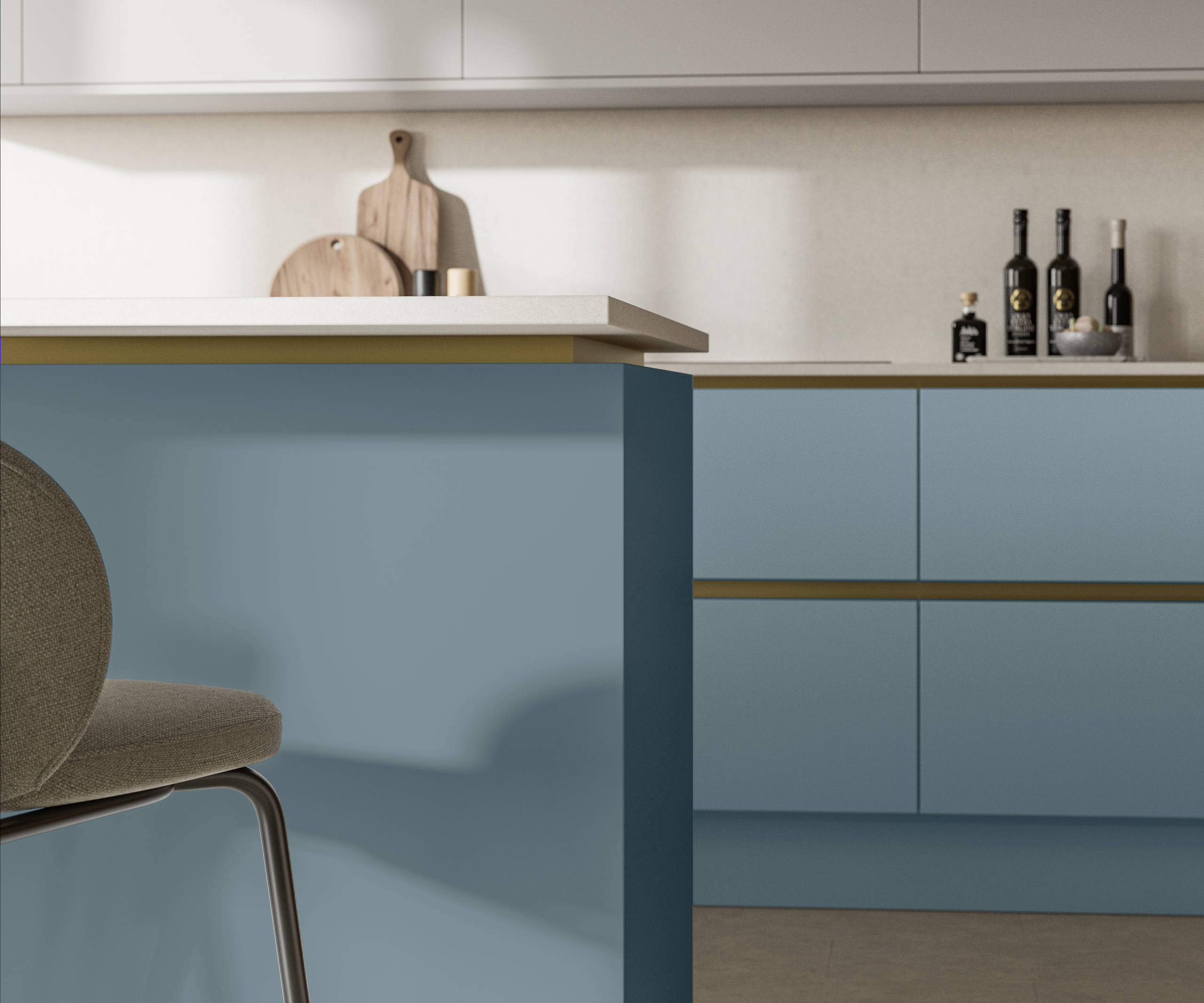 Frameless slab door Integra Soho Portland Blue from Magnet with integrated handles in a smooth paint finish, perfect for a modern, minimalist kitchen with linear, clean lines.