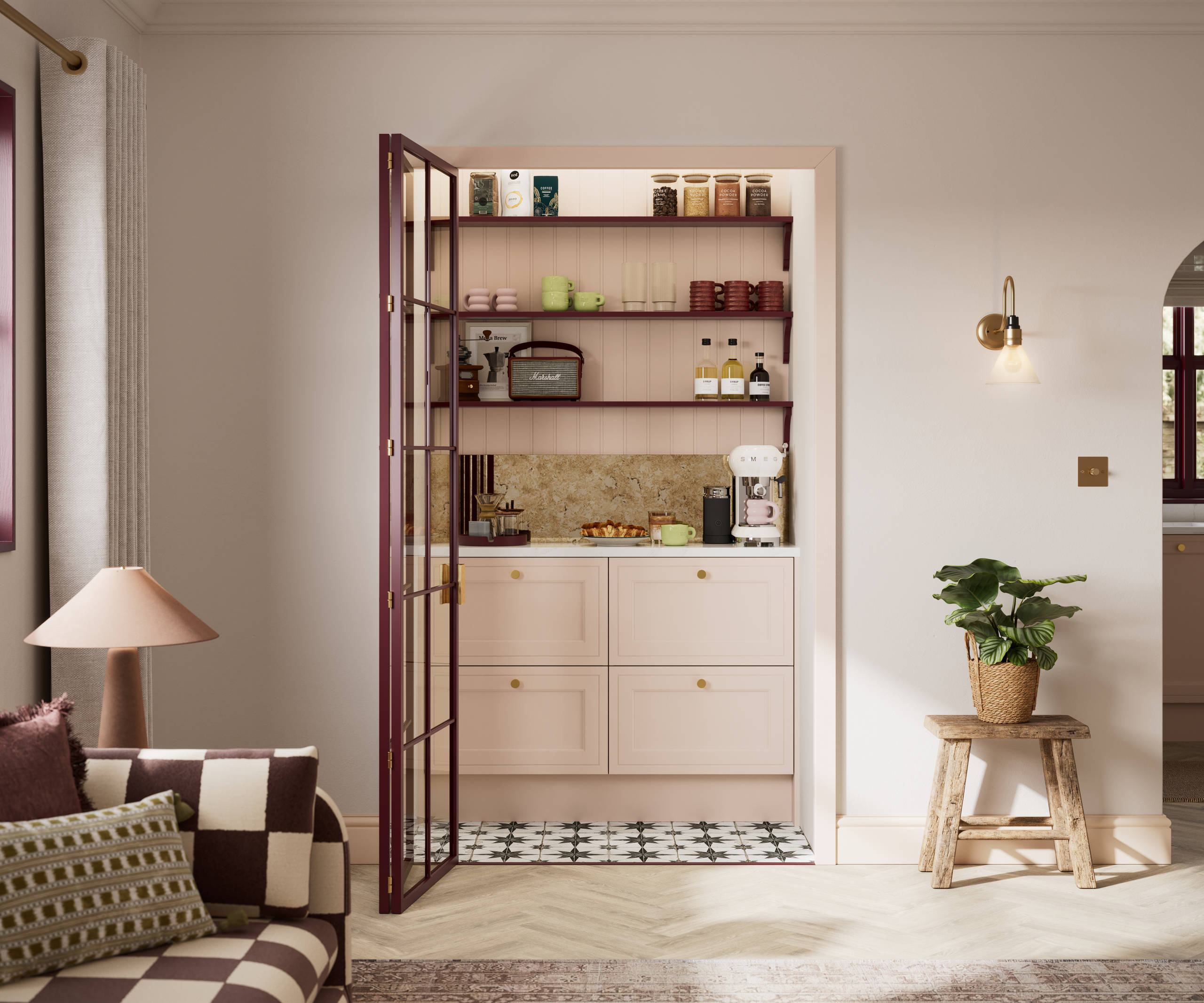 View of coffee bar in walk-in pantry with glass doors, painted wood grain Shaker style Bewdley kitchen with cabinets in light pink shade Chalk Blush, marbled worktop.