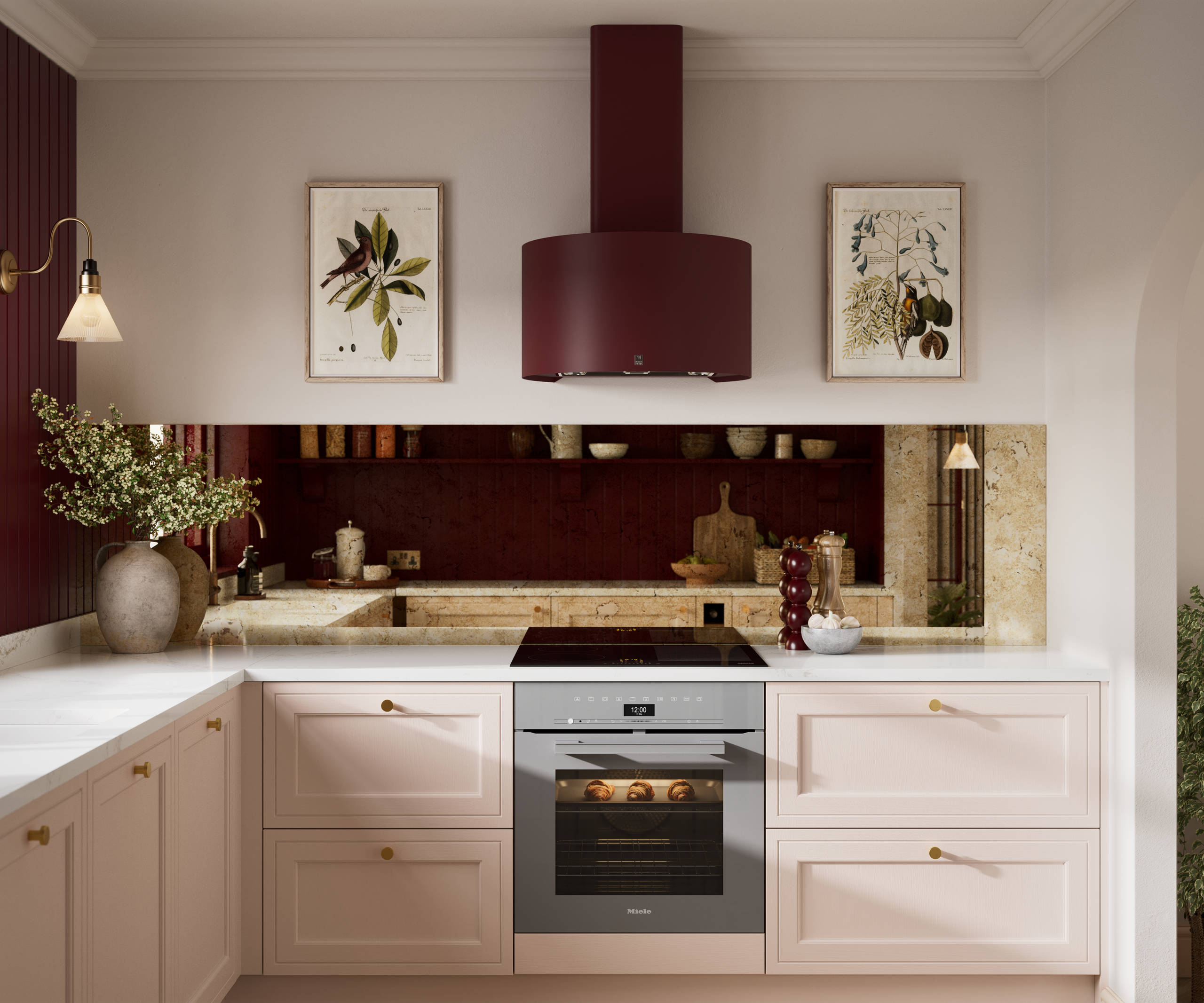 Painted wood grain Shaker style Bewdley kitchen with cabinets in light pink shade Chalk Blush, marbled worktop, brass knobs and copper toned mirror splashback.