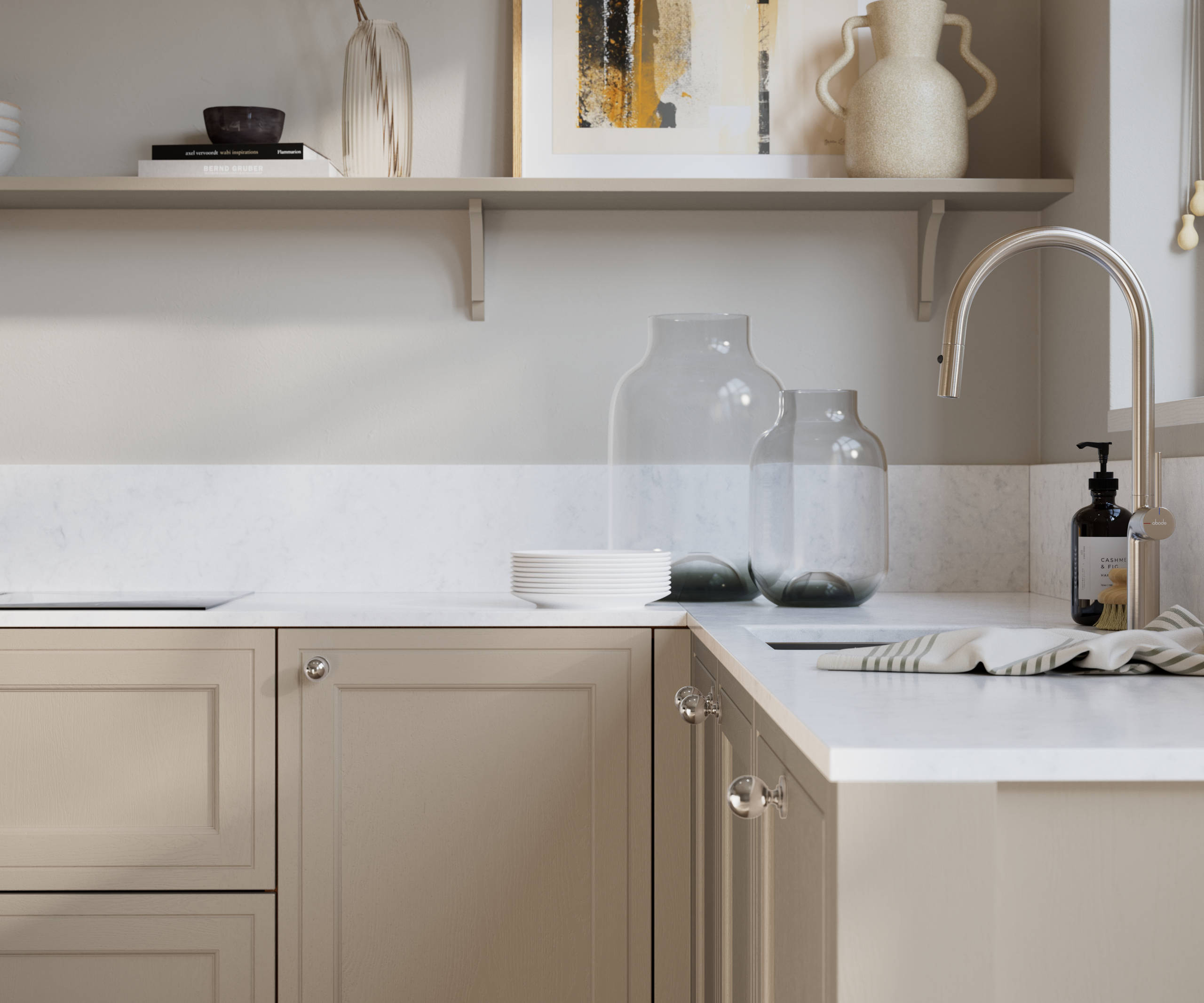Bewdley Shell painted wood grain Shaker kitchen cabinetry with steel knobs, steel tap, white marbled worktop and matching backsplash, an open shelf on the wall above cabinets with ceramics and a vase of flowers.